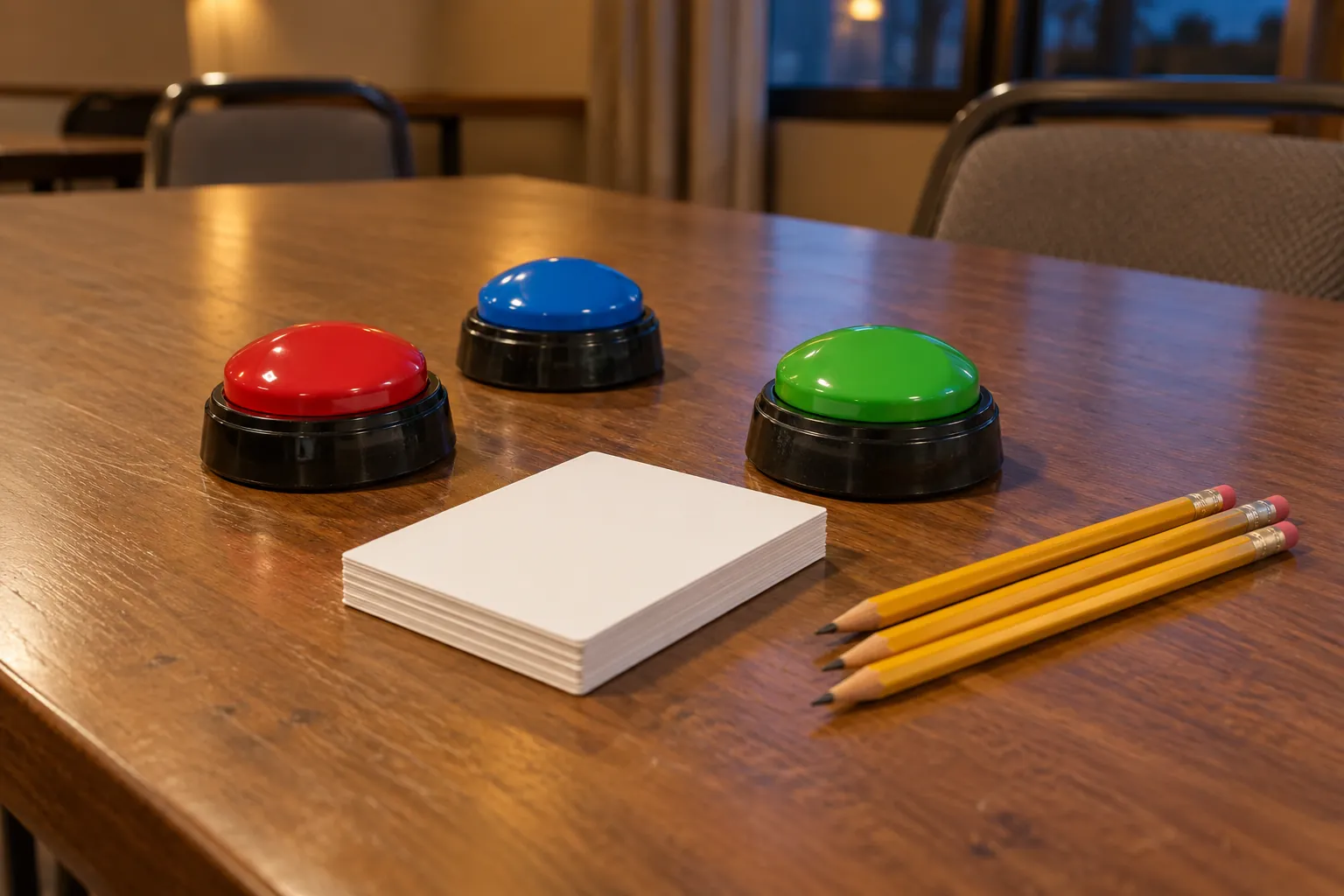 Illustration: Plain quiz buzzers and blank question cards on a table.