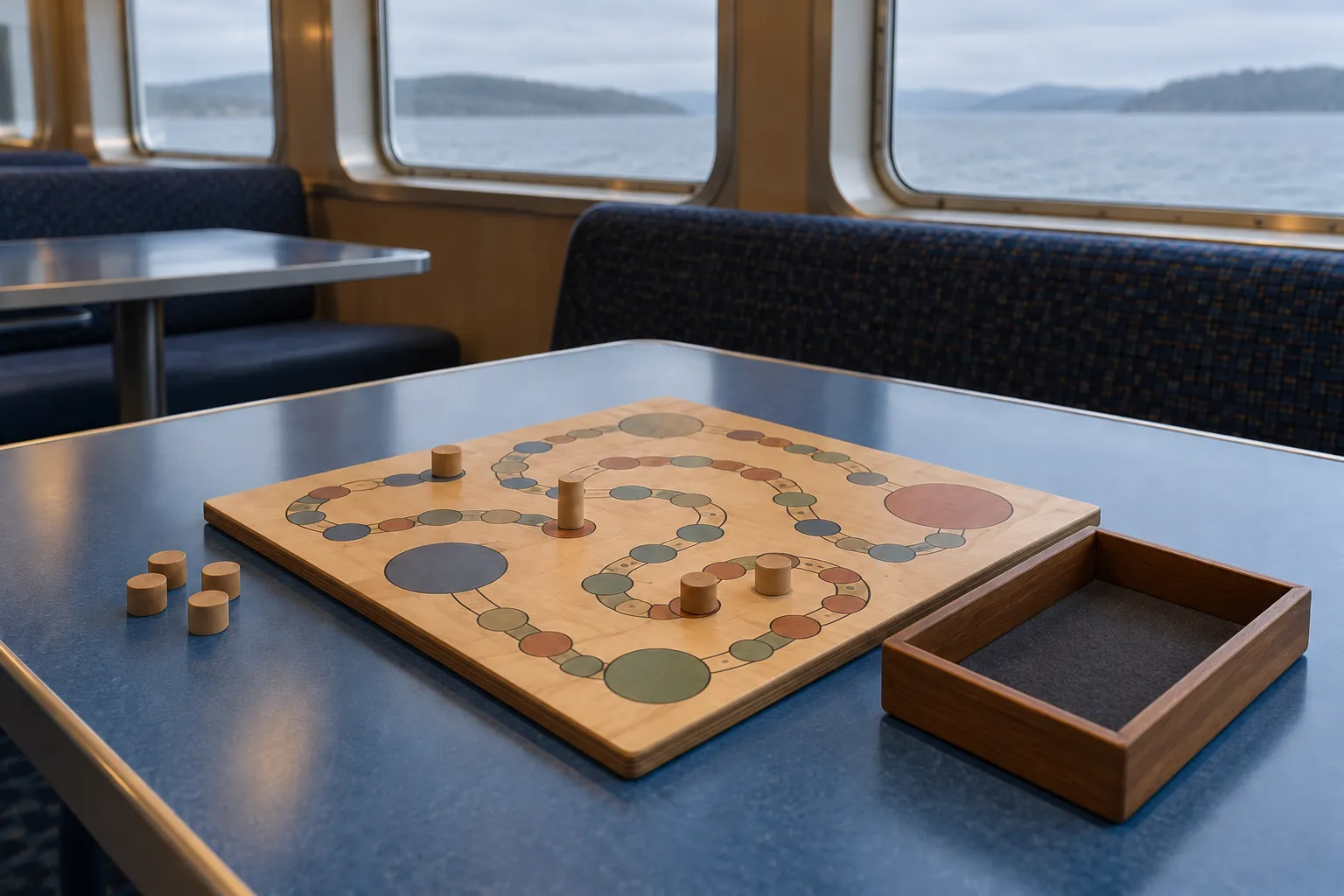 Illustration: An original abstract path board, plain wooden counters and a small dice tray sit on a blue laminate table inside an empty ferry lounge, photographed against gray window light.