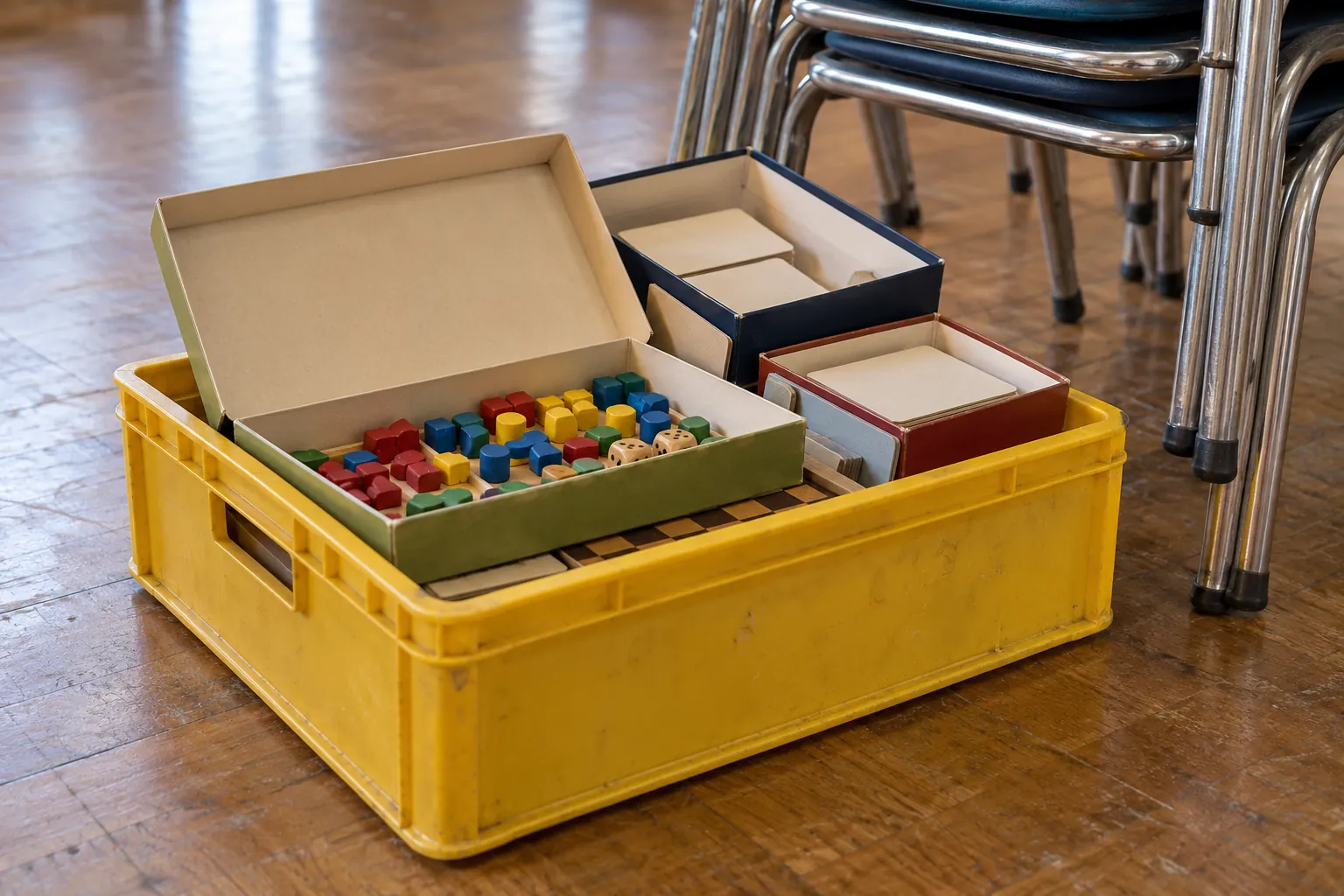 Illustration: Open plain game boxes and colored wooden pieces occupy a yellow crate beside stacked aluminum chairs on a community hall floor, in a low close view.