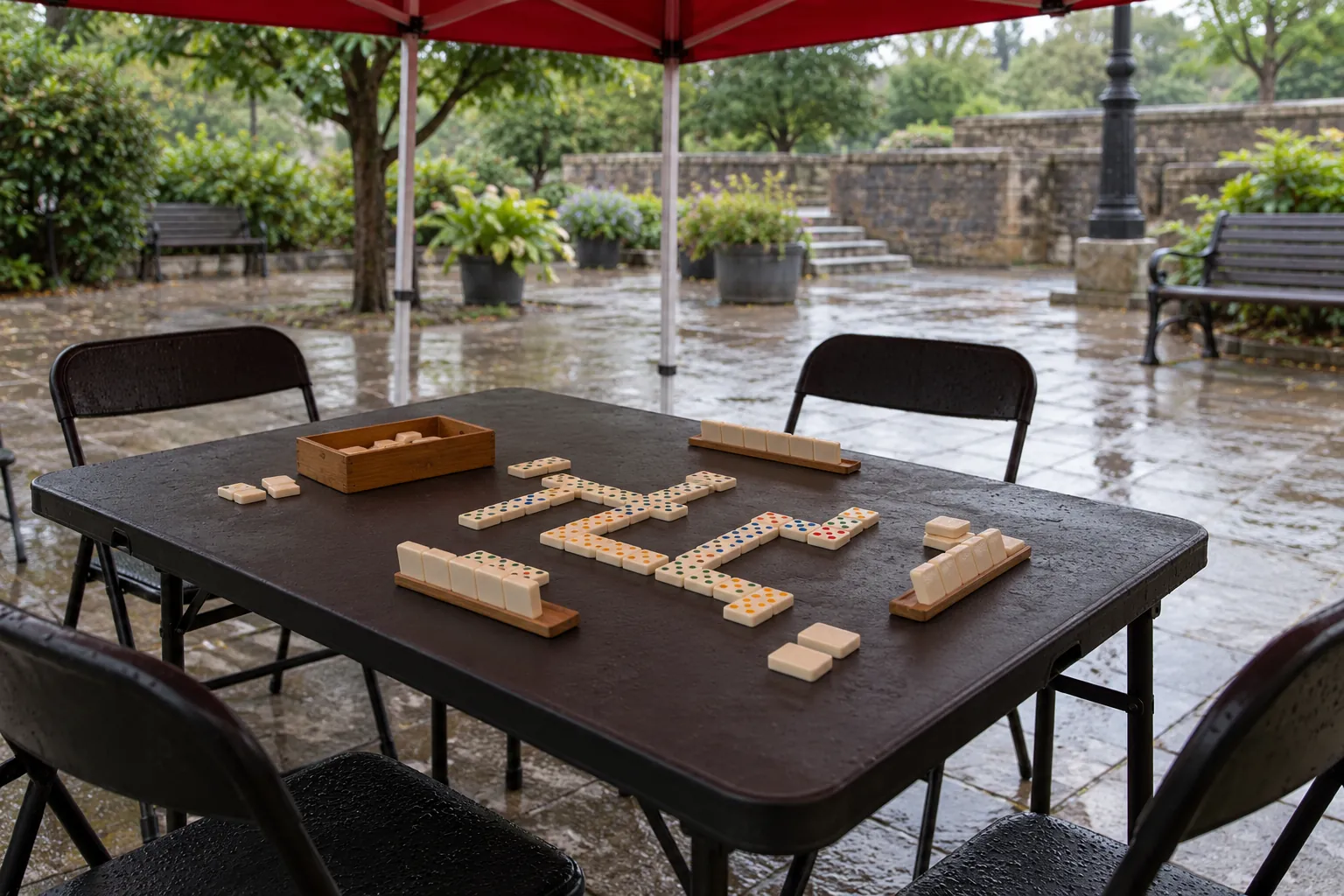 Illustration: A simple original tile-laying game is set on a black folding table under a red outdoor canopy, with empty seats and wet paving beyond, shown wide.