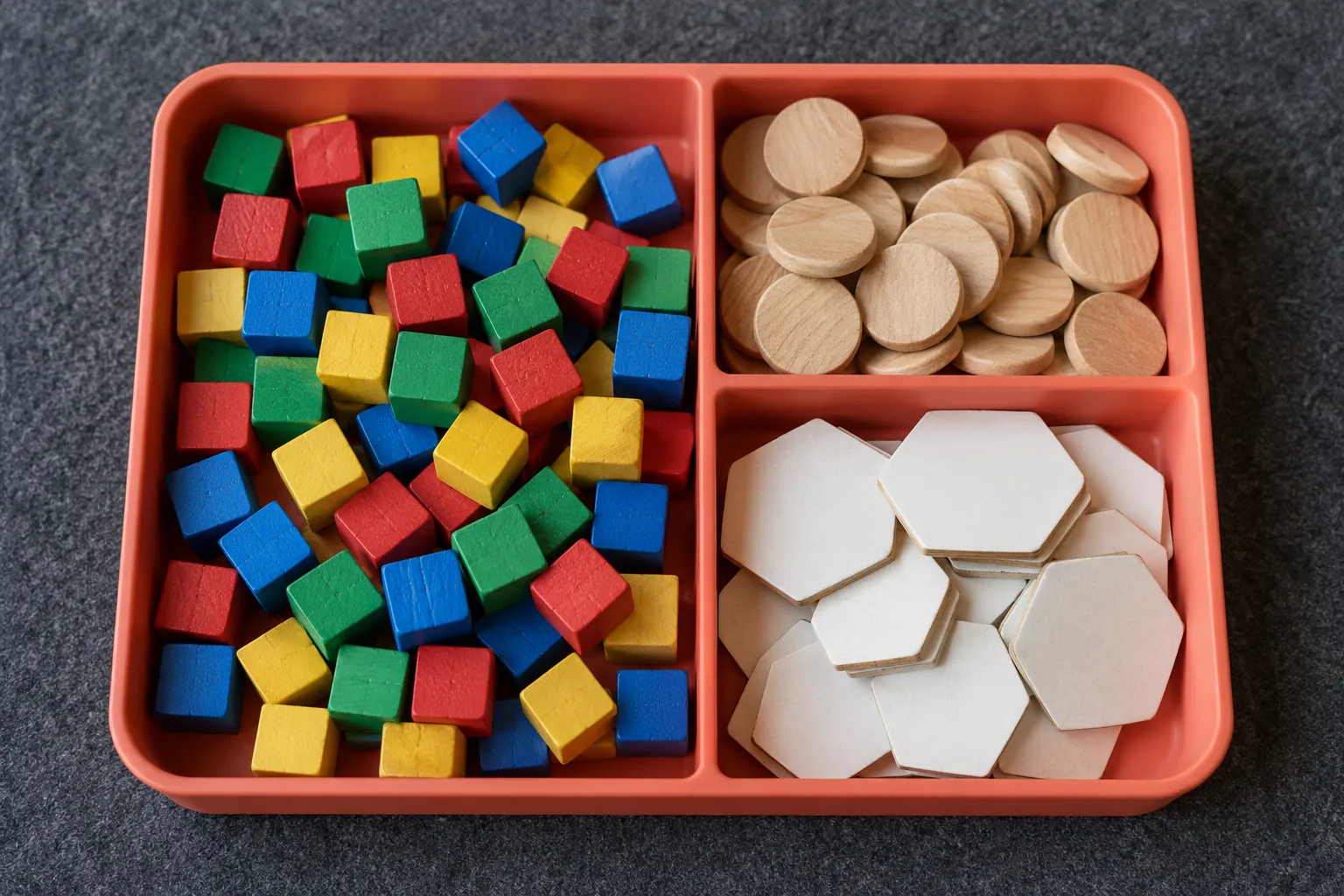 Illustration: Small colored cubes, wooden discs and blank-backed hexagonal tiles are separated in a coral plastic tray on charcoal felt, photographed close overhead.