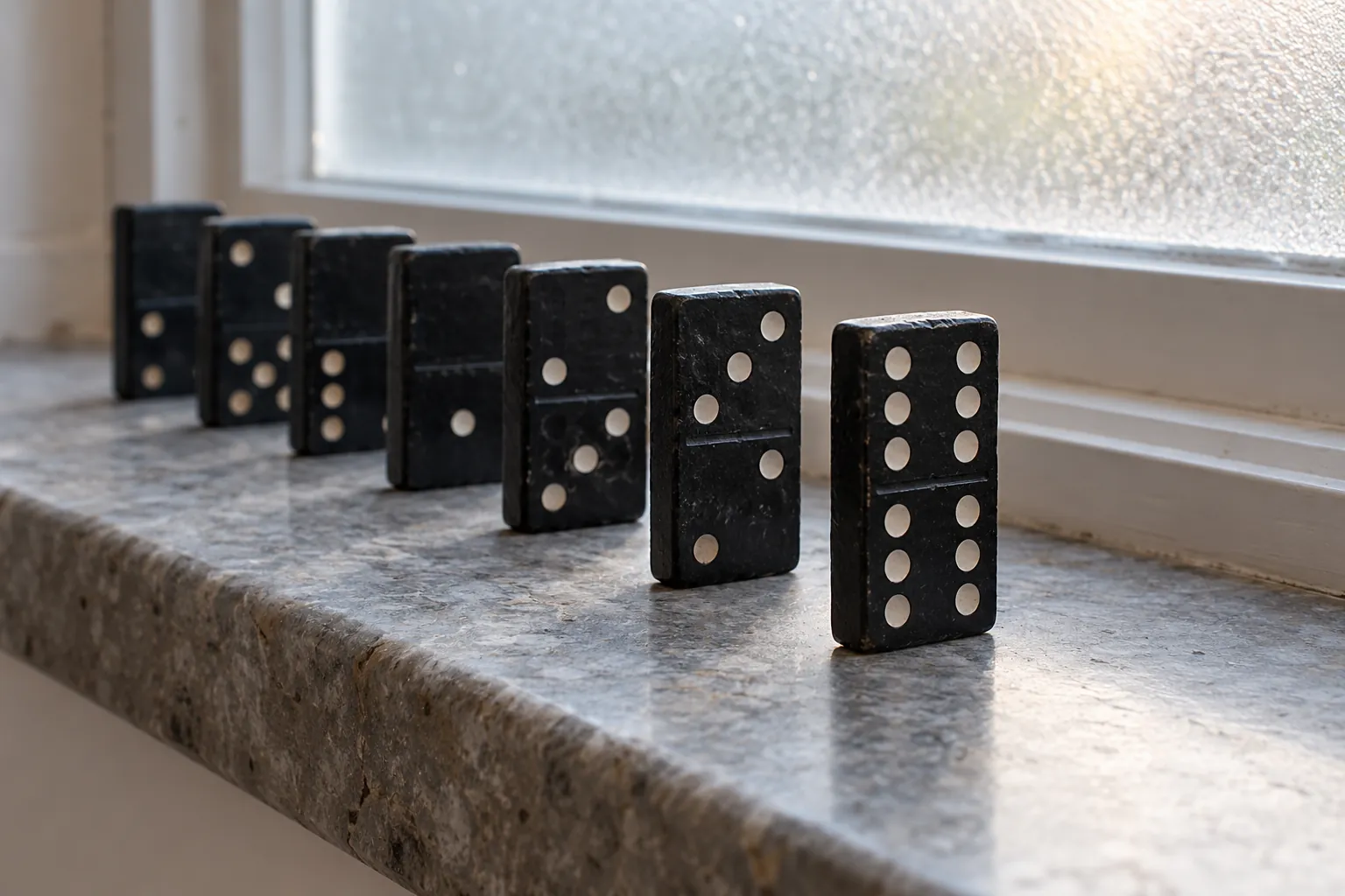 Illustration: Black domino tiles with simple white pips form a short credible line on a broad gray stone sill beside a frosted window, in a close side view.