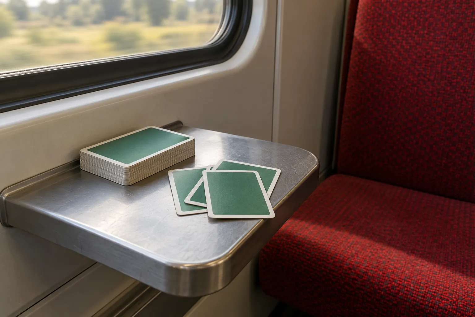 Illustration: A deck with plain green backs and a few overlapping face-down cards lie on a small metal shelf beside red upholstered seating in an anonymous stationary train compartment.