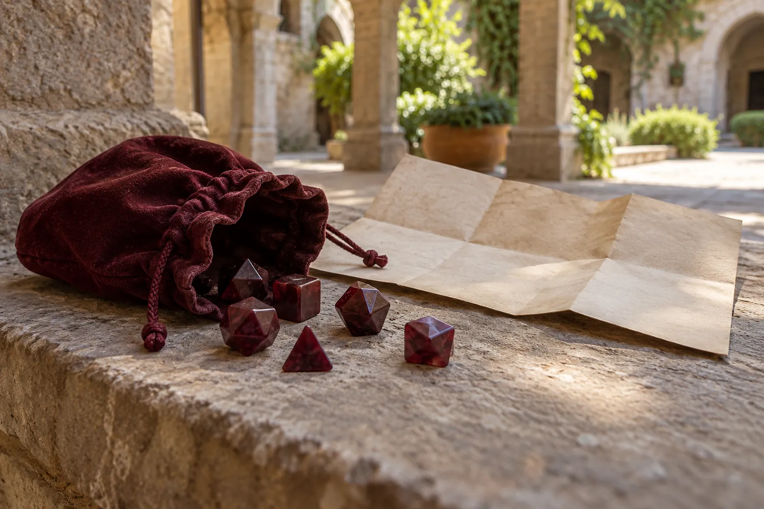 Illustration: A burgundy dice pouch, unmarked faceted polyhedral dice and a blank folded paper map rest on a low stone ledge beneath a covered courtyard arch, seen close.