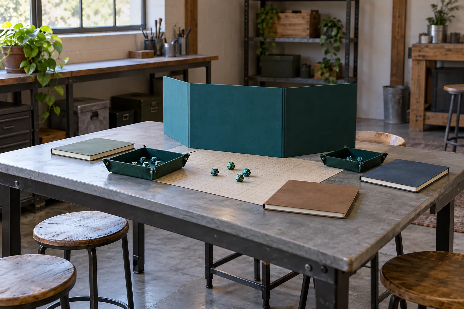 Illustration: A plain teal folding game-master screen and dice trays stand on a gray table in a converted workshop room, with empty stools and no printed illustrations, photographed wide.