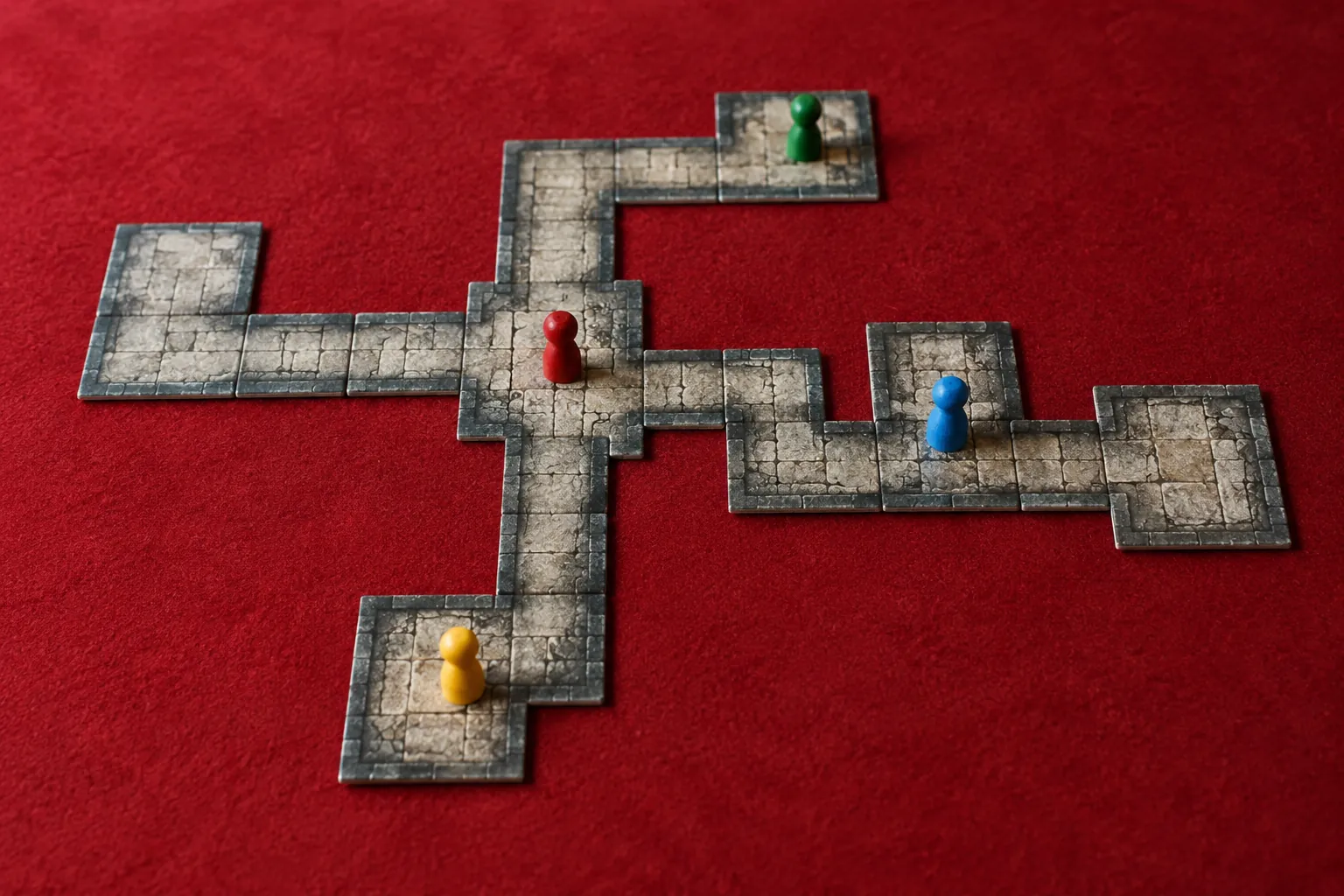 Illustration: Original simple miniature stone-corridor tiles and a few plain wooden player markers form a modest game layout on red felt, seen near overhead without fantasy franchise imagery.