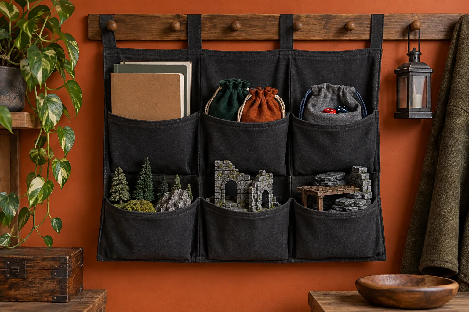 Illustration: A dark hanging fabric organizer holds blank notebooks, felt dice pouches and simple miniature terrain pieces on a peg rail beside an orange wall, shown frontally.
