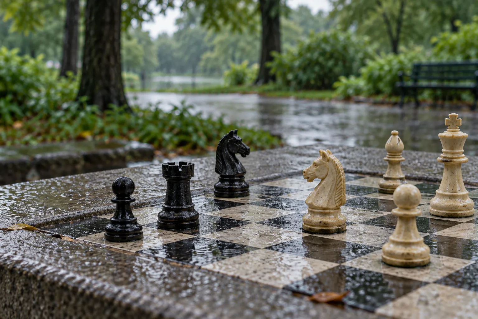 Illustration: A small portion of an accurately alternating chessboard with a few standard chess pieces sits inset into a concrete park table, seen low with rainy green surroundings blurred.