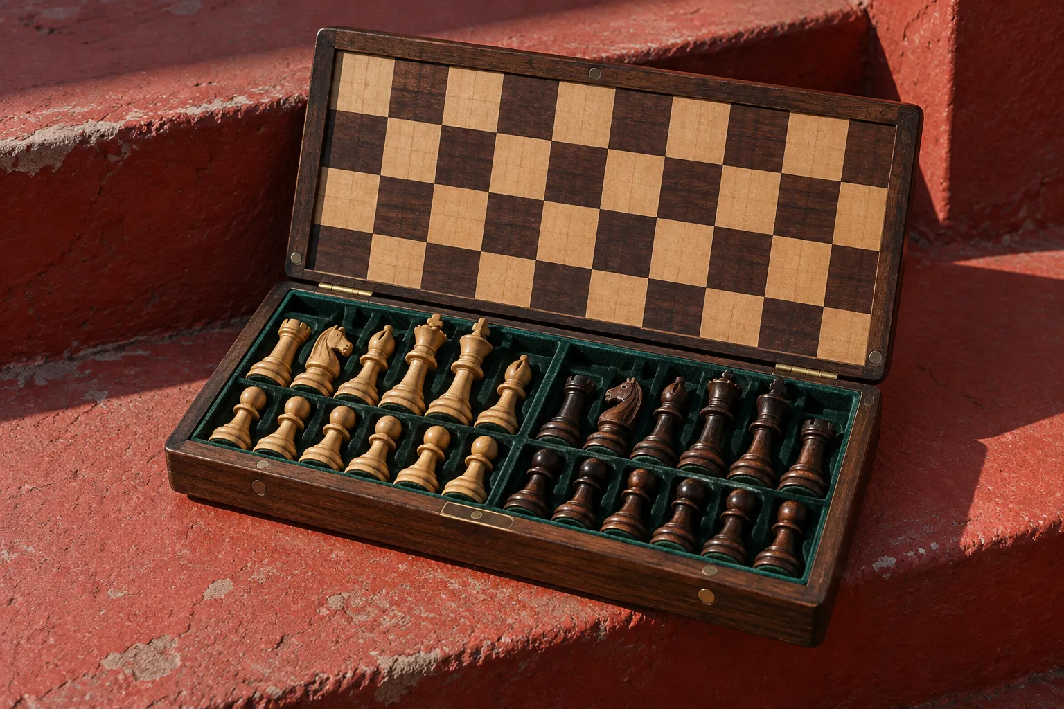 Illustration: An open small magnetic chess case contains neatly stored standard pieces, with its folded checkerboard lid resting on a red stair ledge, in hard side light.