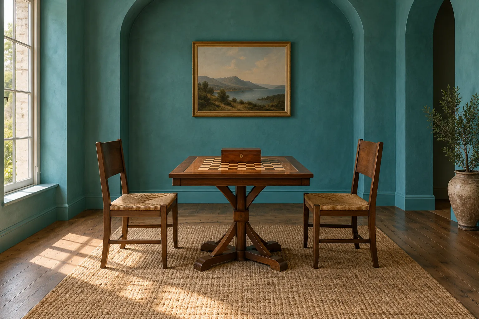 Illustration: Two plain chairs flank a square chess table in a turquoise-walled alcove, with a closed board and a wooden piece box centered on it, shown as a wide empty room.