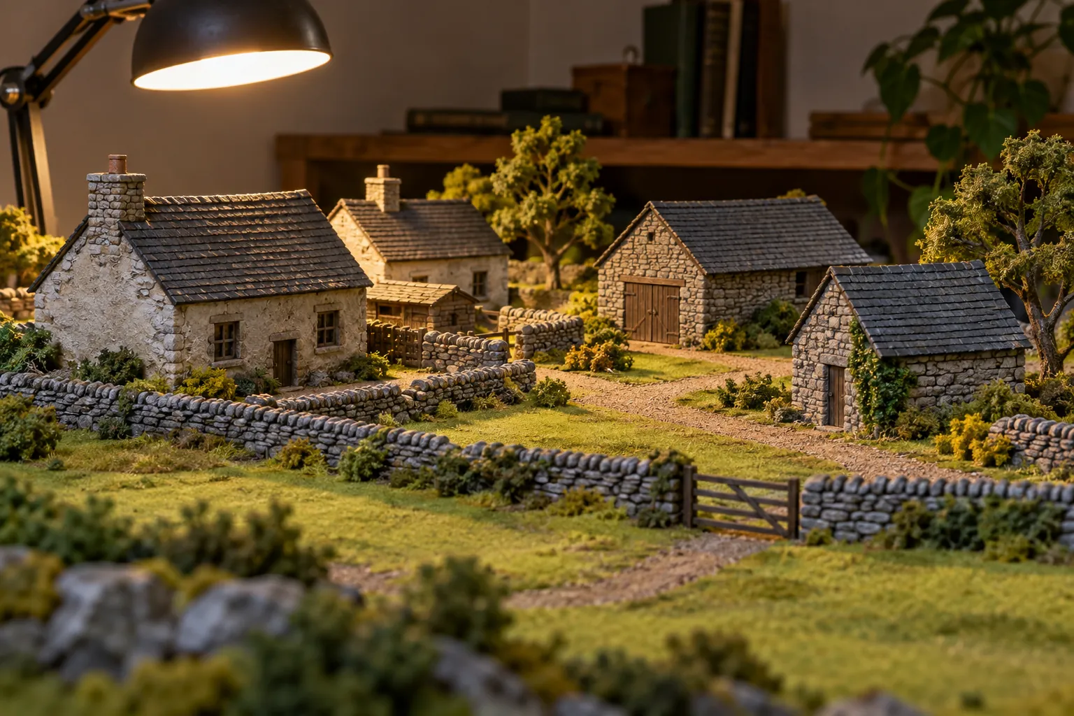 Illustration: A small original model village of simple roofed houses and stone walls occupies a green game mat under a practical lamp, shown low with no figurines or franchise references.
