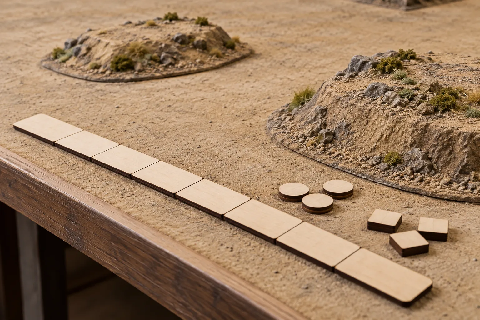 Illustration: A blank segmented measuring stick, loose wooden markers and two simple terrain mounds rest along the edge of a sand-colored miniature game field, in a close diagonal view.