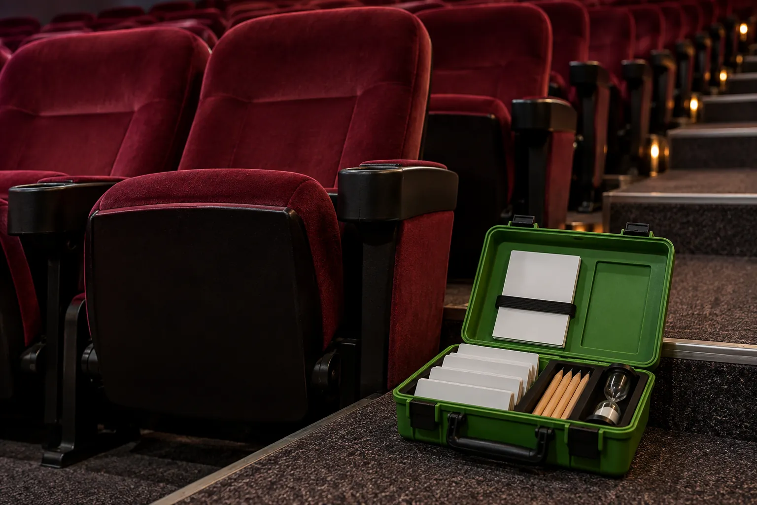 A bright green open carry case of blank cards, pencils and a small sand timer sits below empty burgundy cinema seats, with the row perspective visible.