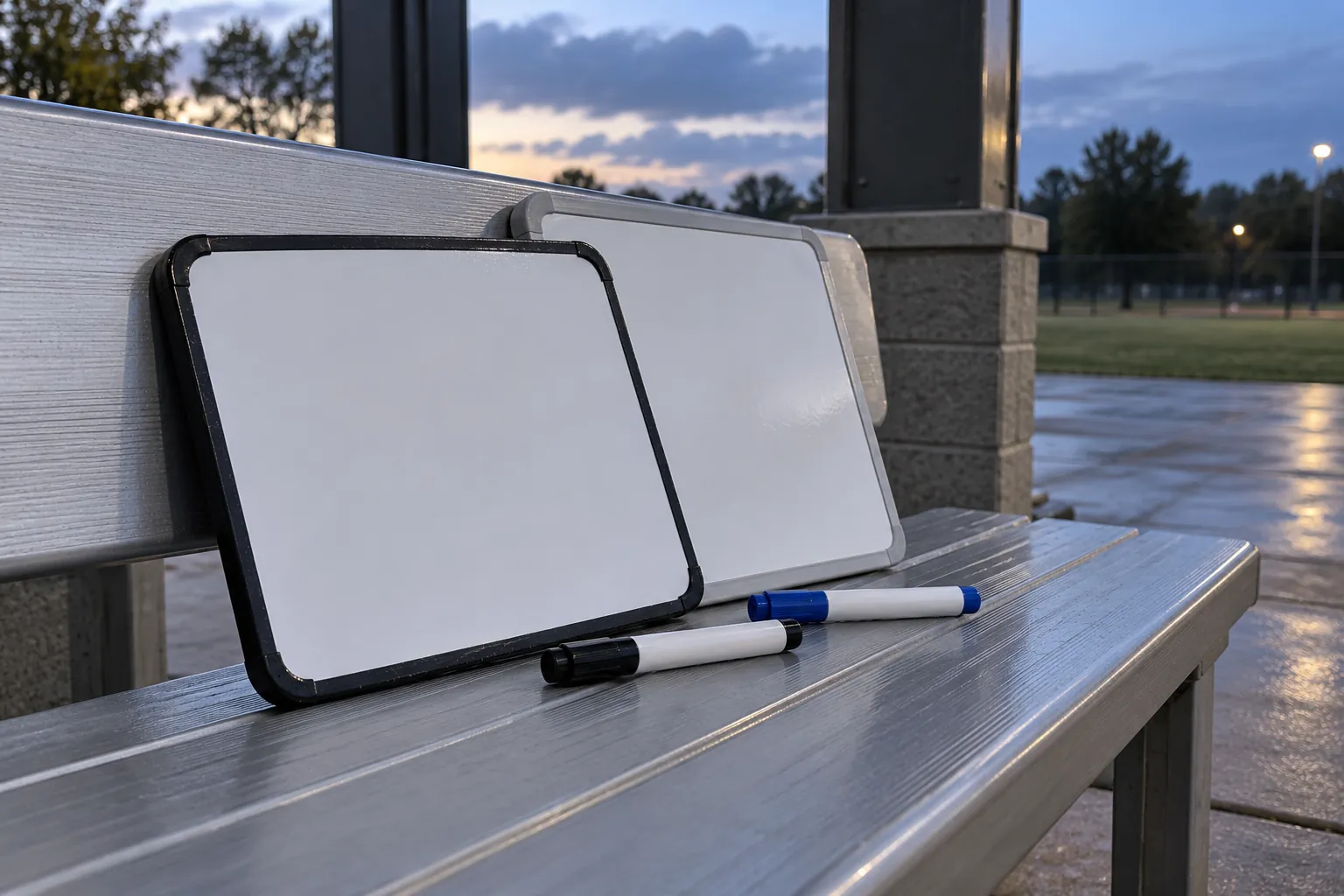 Illustration: Small blank dry-erase answer boards and capped plain markers lean together on a silver outdoor bench under a shelter, in cool evening light.