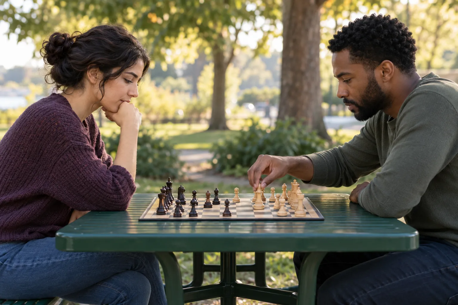 Illustration: Two adult friends play chess at a green park table, one thoughtfully reaching toward a correctly formed eight-by-eight board.