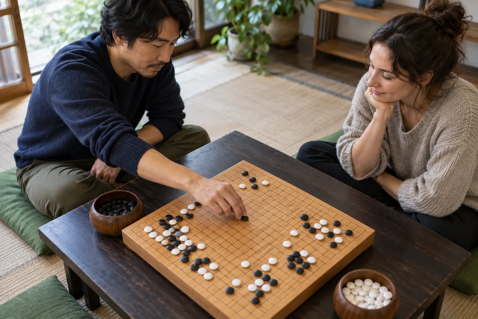Illustration: Two adults play go at a low dark table, one placing a single black stone on a regular wooden grid while the other watches.