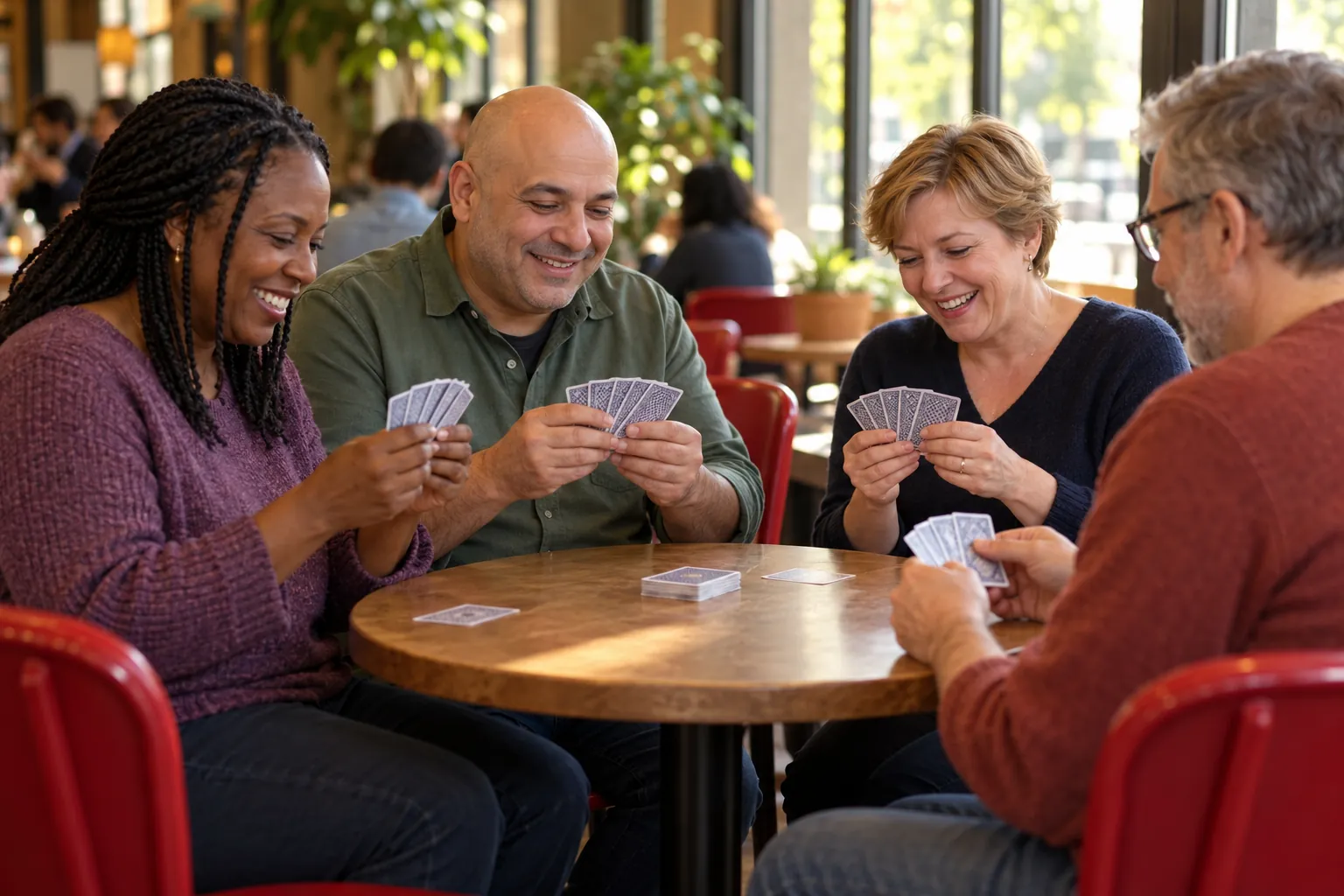 Illustration: Four adults play a casual card game at a round café table, holding small natural card fans with plain patterned backs toward the camera.