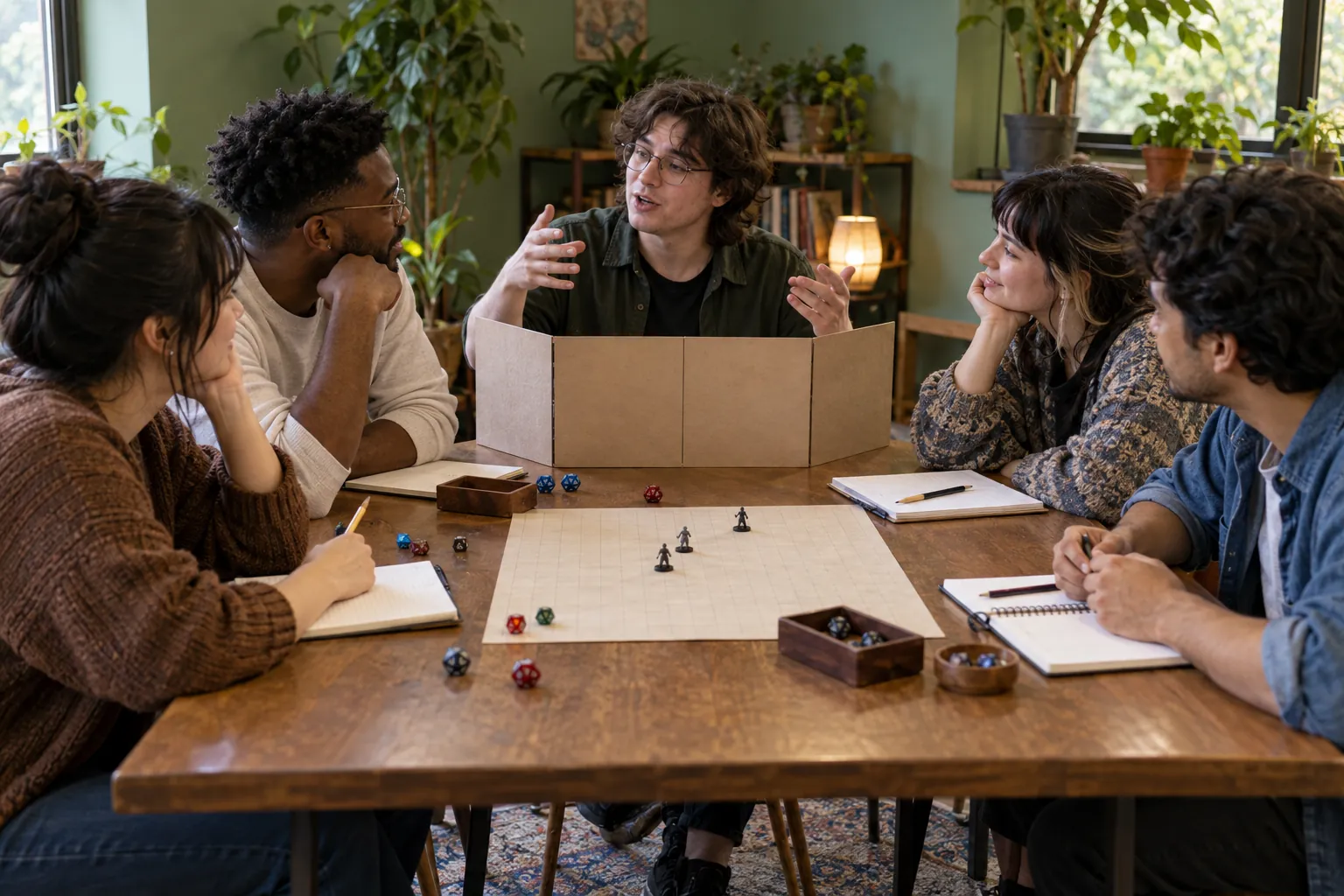 Illustration: Five adults take part in a tabletop role-playing game around a table with a plain folding screen, a simple grid and a few ordinary dice.