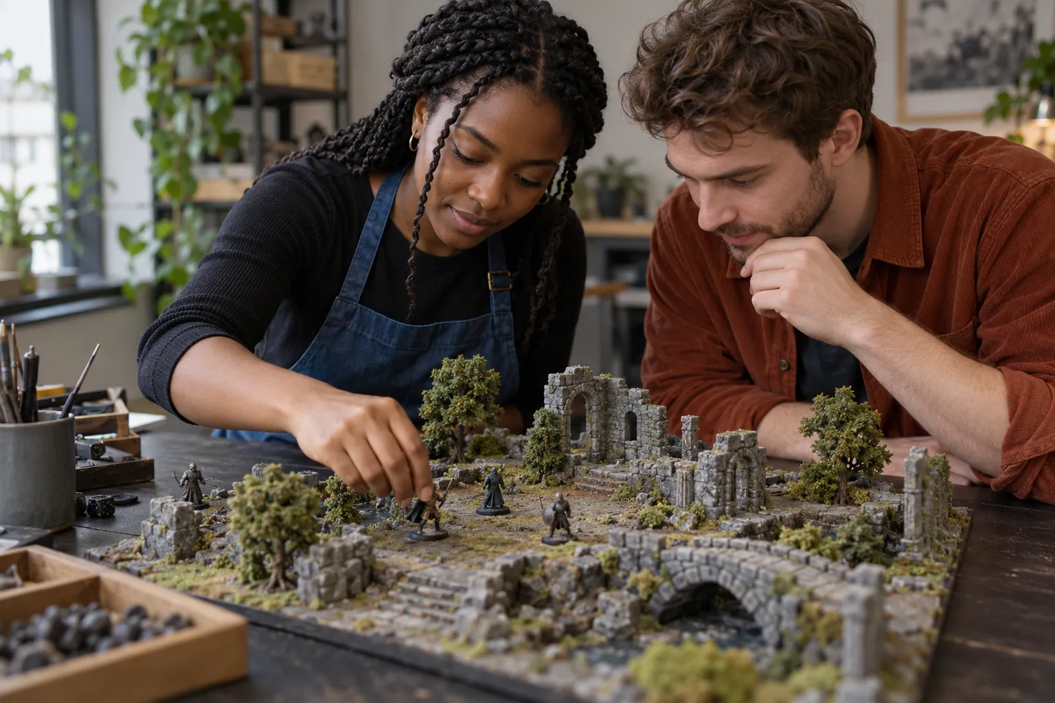 Illustration: Two young adults in their 20s study and arrange miniatures on a tabletop terrain board.