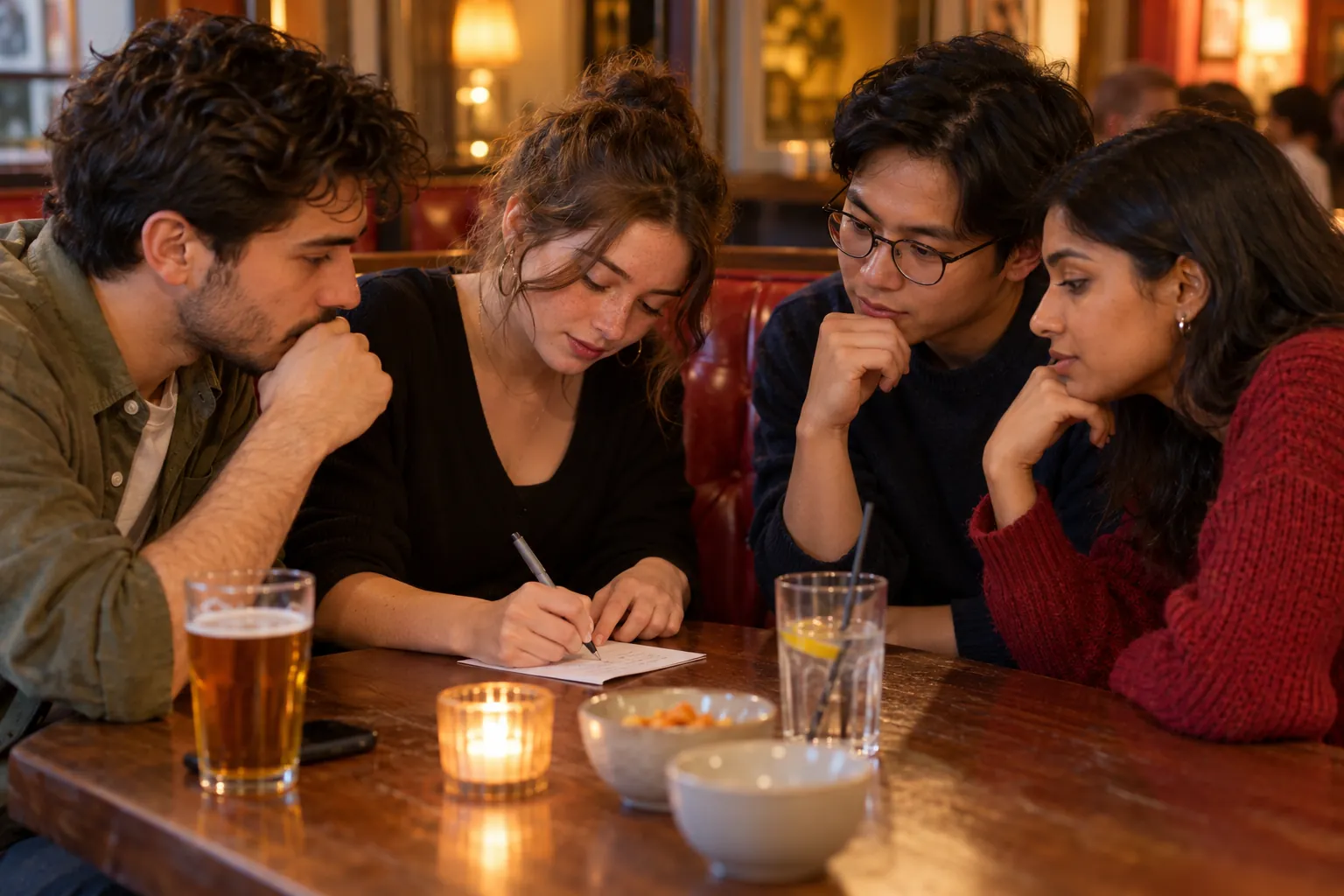 Illustration: Four young adults confer over a quiz answer at a red café booth.