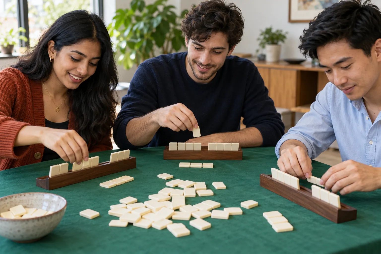 Illustration: Three young adults sort game tiles into racks at a green community table.