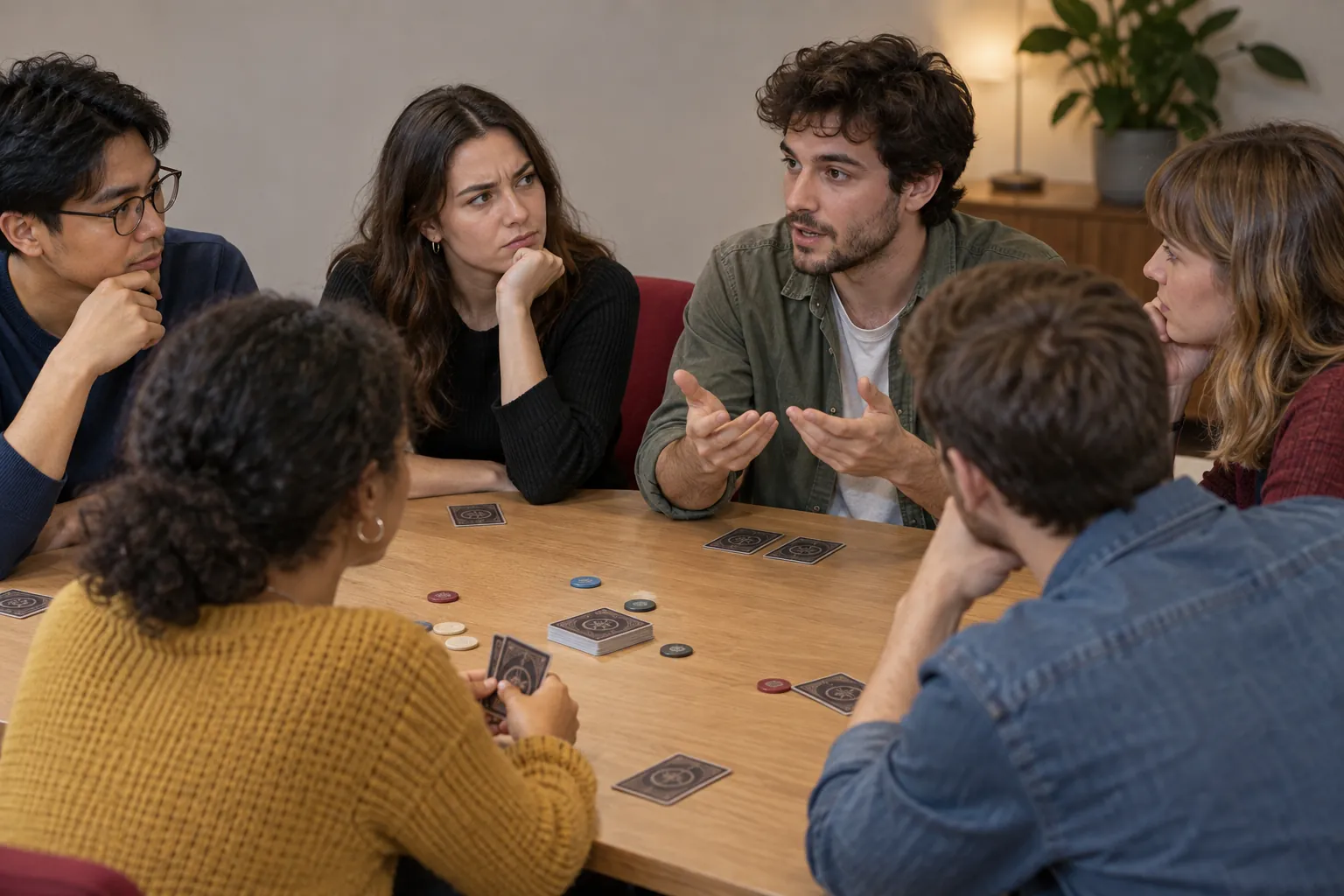 Illustration: Six young adults discuss a social deduction game around a plain table.
