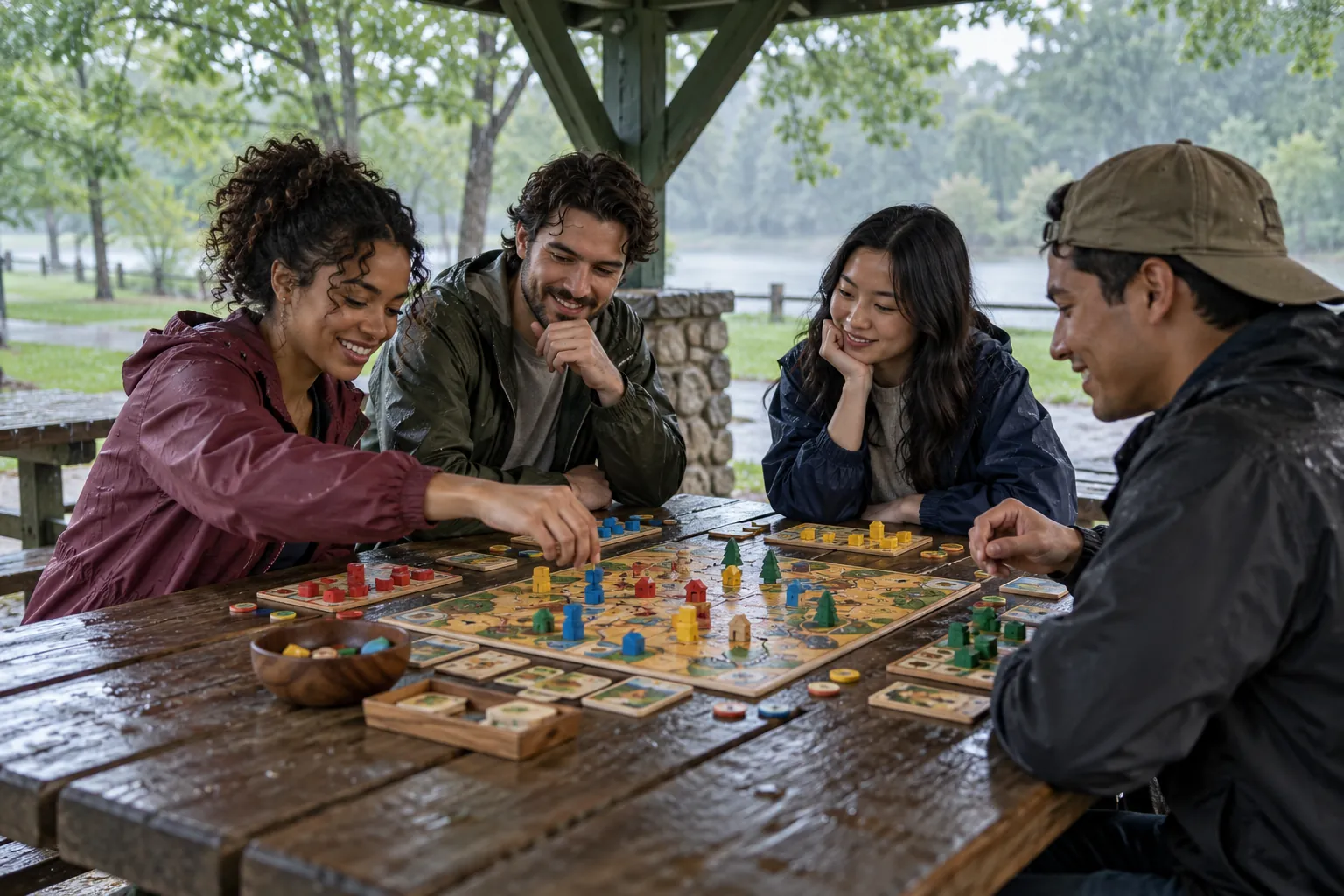 Illustration: Four young adults play a colorful board game at a sheltered picnic table.