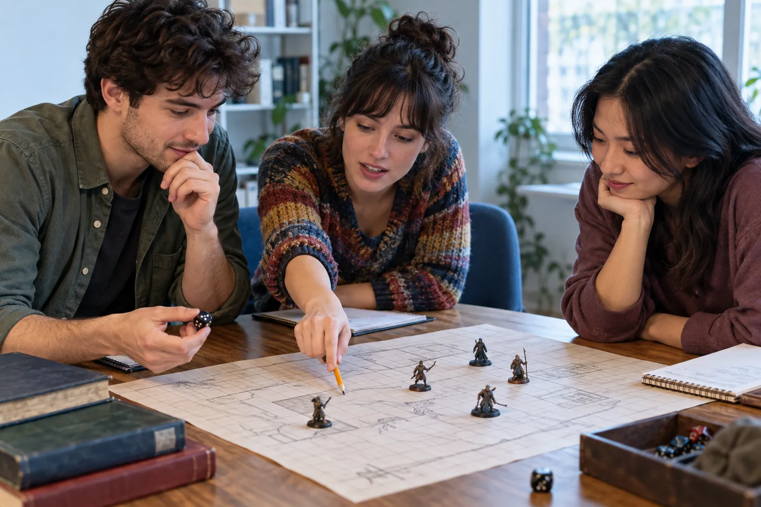 Illustration: Three young adults plan a tabletop role-playing move over a simple grid.