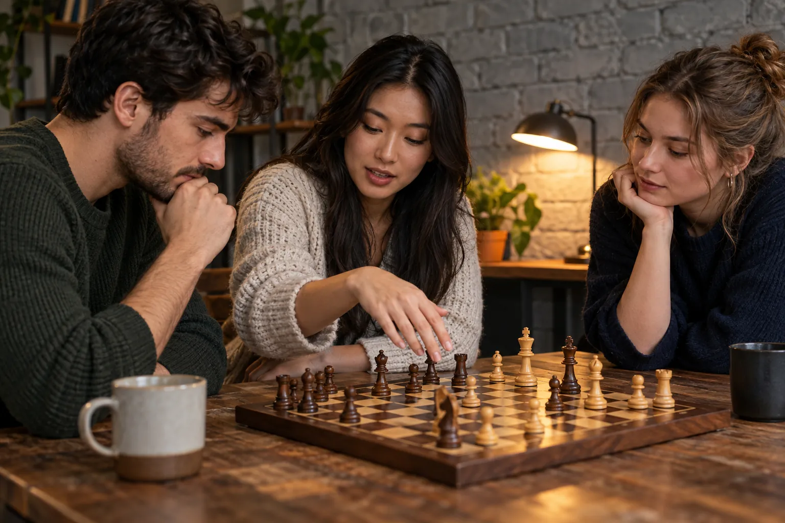 Illustration: Three young adults discuss a chess game at a community table.