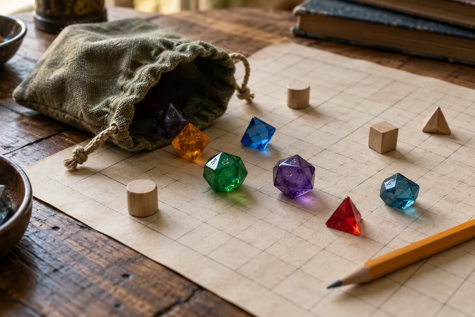 Illustration: A cloth dice bag, polyhedral dice and wooden markers beside an unlabeled grid.