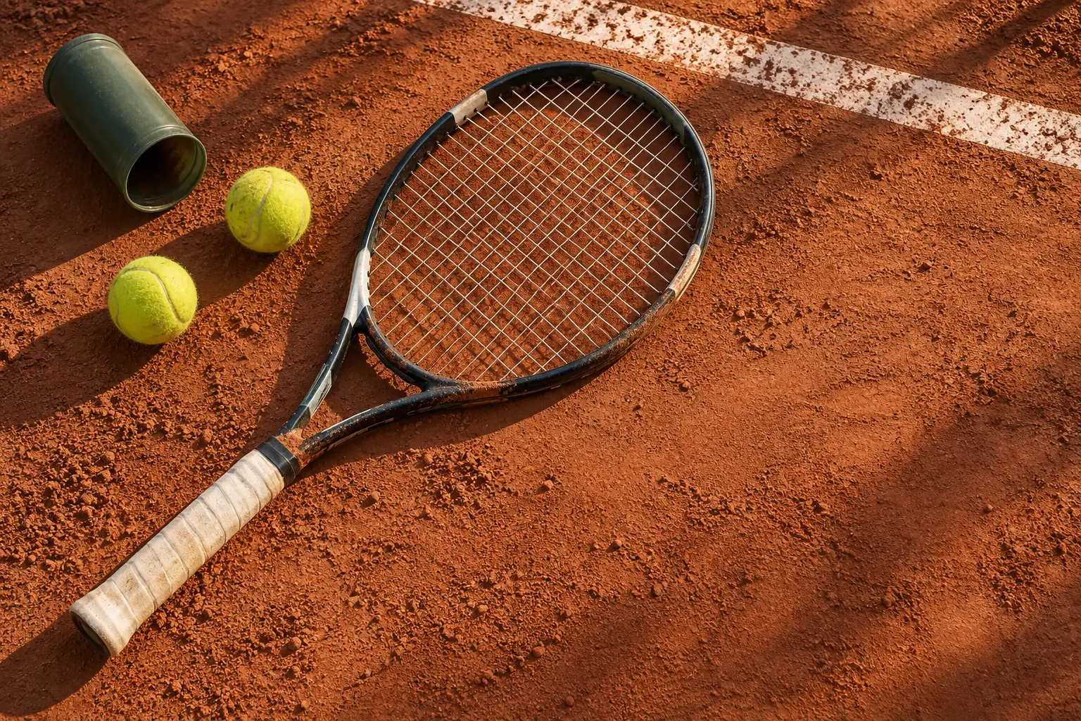 Illustration: A tennis racket and yellow balls on a clay court.