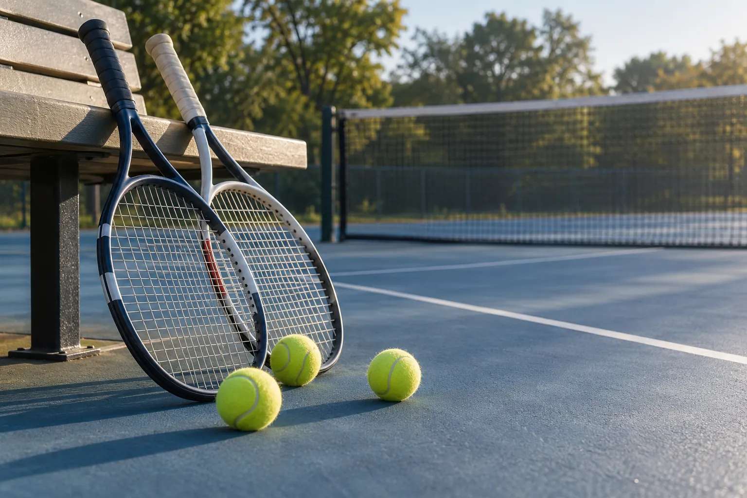 Illustration: Tennis rackets and yellow balls beside a hard-court bench.