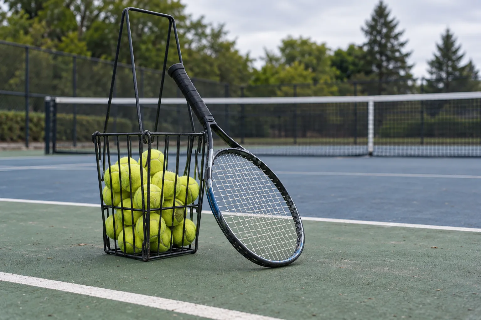 Illustration: A wire ball hopper and racket on a tennis court.