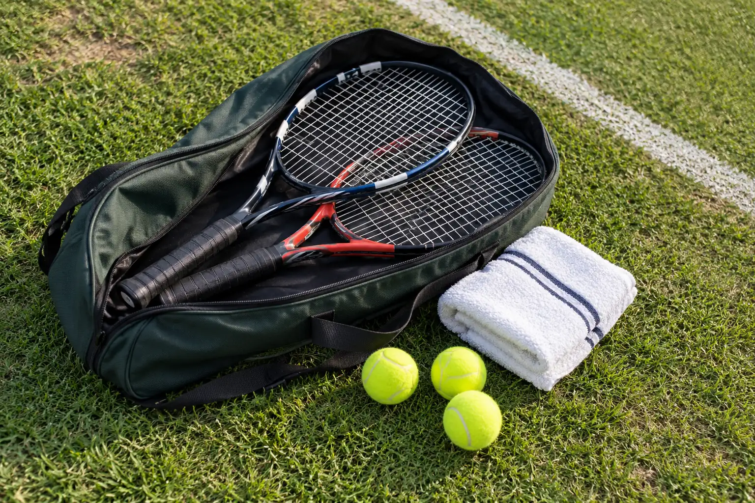 A racket bag, towel and tennis balls beside a grass court.