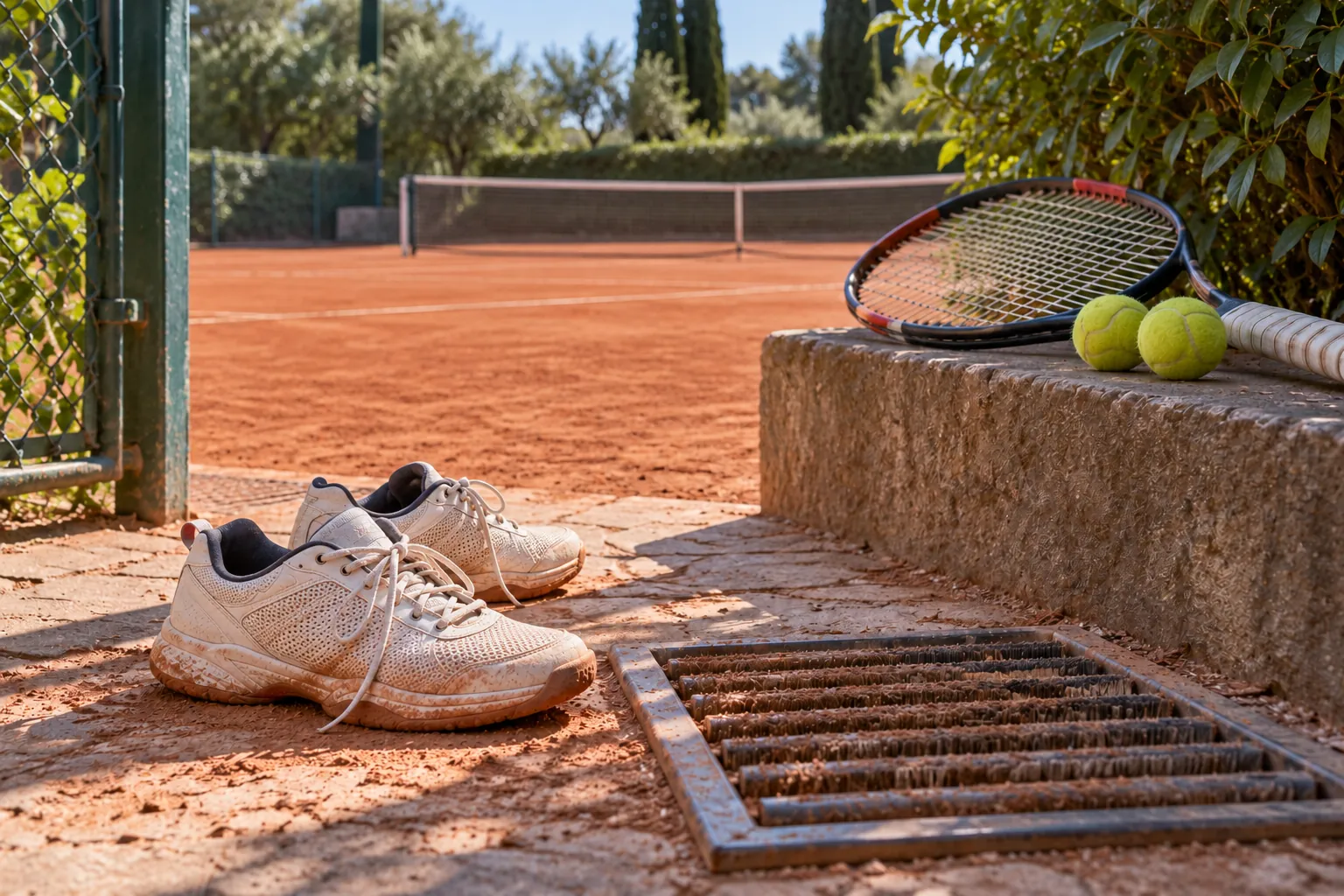 Illustration: Clay-marked tennis shoes and a racket near a cleaning grate.