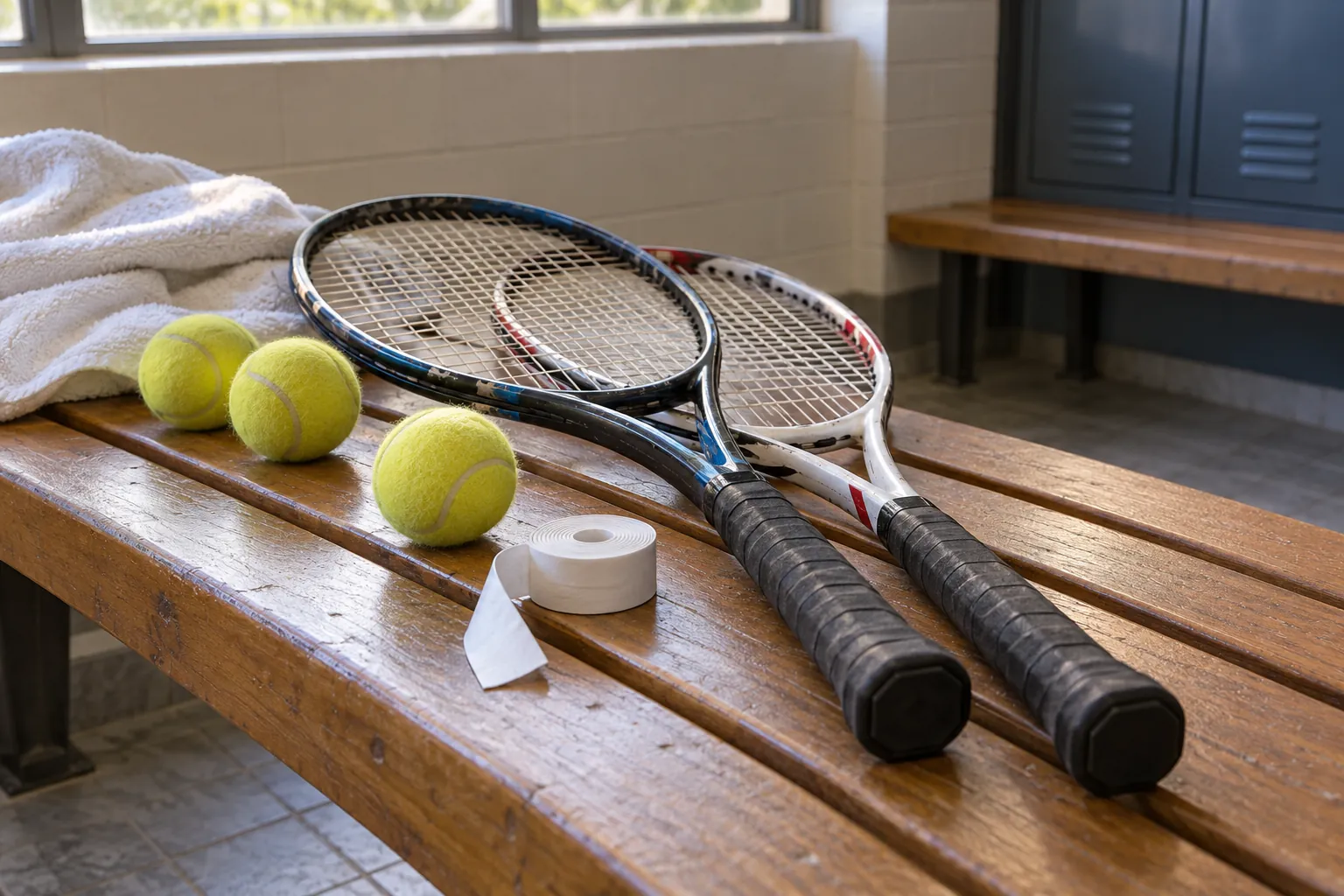 Illustration: Tennis racket handles and an overgrip roll on a bench.