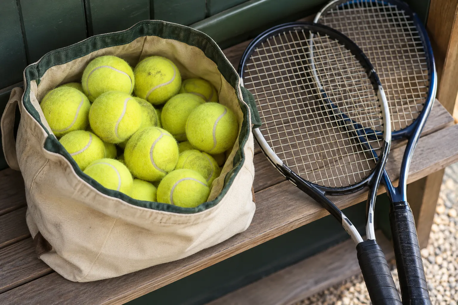 Illustration: Felt tennis balls in an open pouch beside a racket.