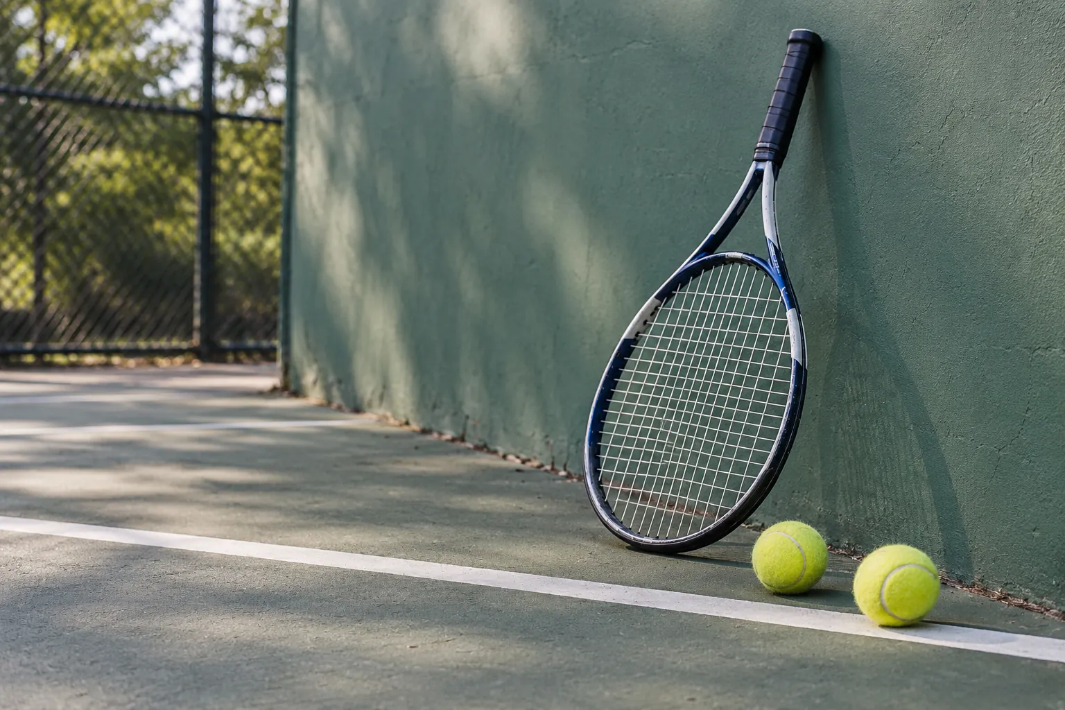 Illustration: A tennis racket and balls beside an unmarked practice wall.