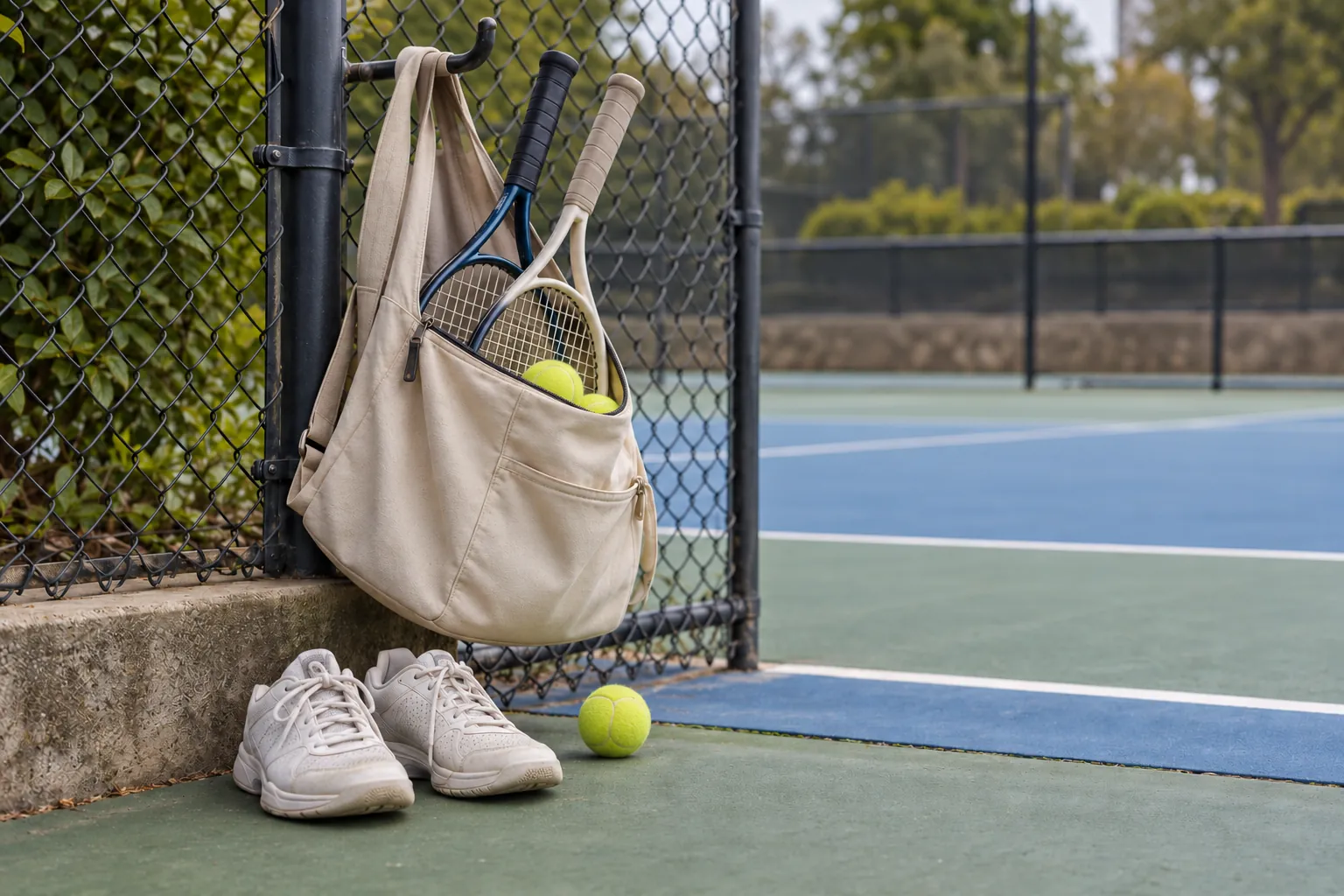Illustration: A doubles racket bag hanging from a fence above tennis shoes.