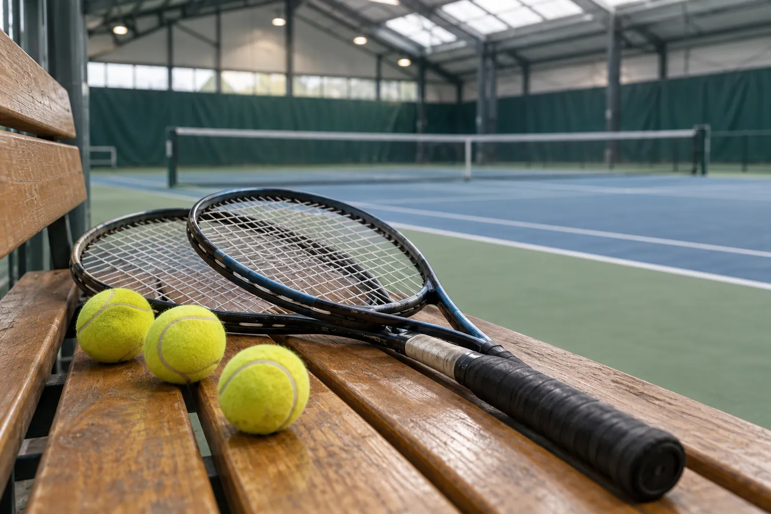 Illustration: A tennis racket and balls on an indoor-court bench.
