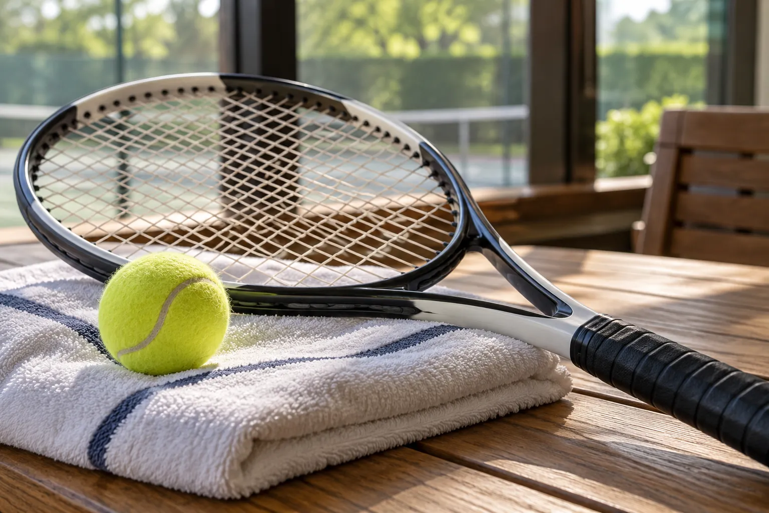 Illustration: A tennis racket string bed and ball on a folded towel.