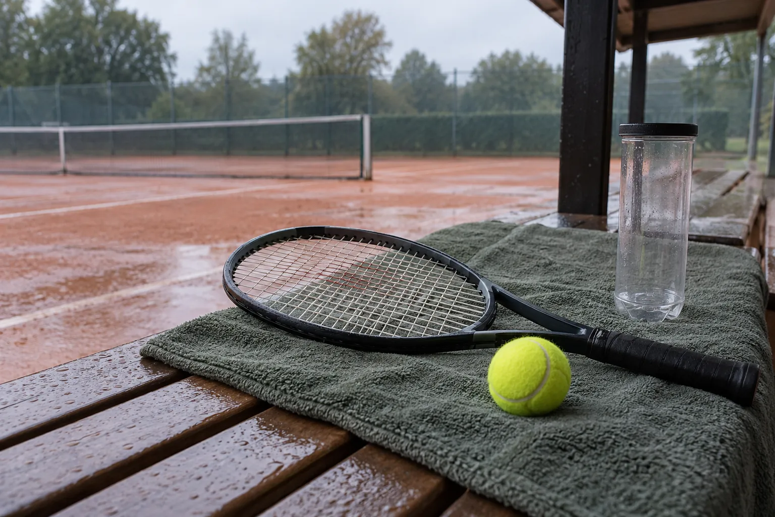 Illustration: A racket, ball and empty ball container beside a clay court.