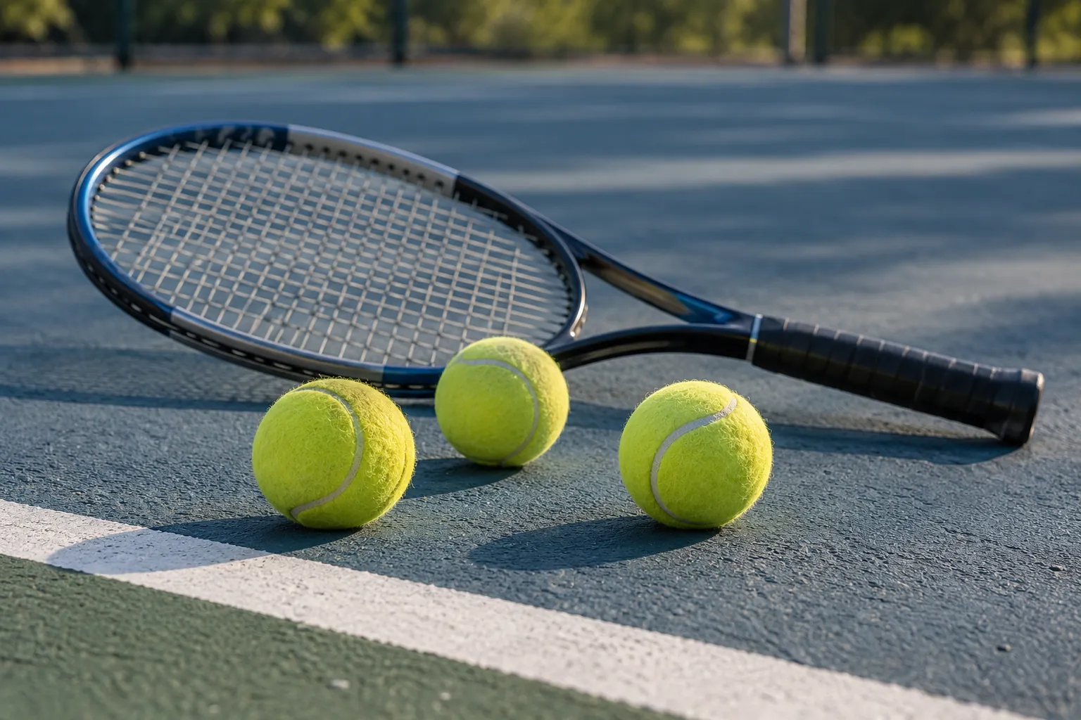 Illustration: A racket and three tennis balls near a hard-court baseline.
