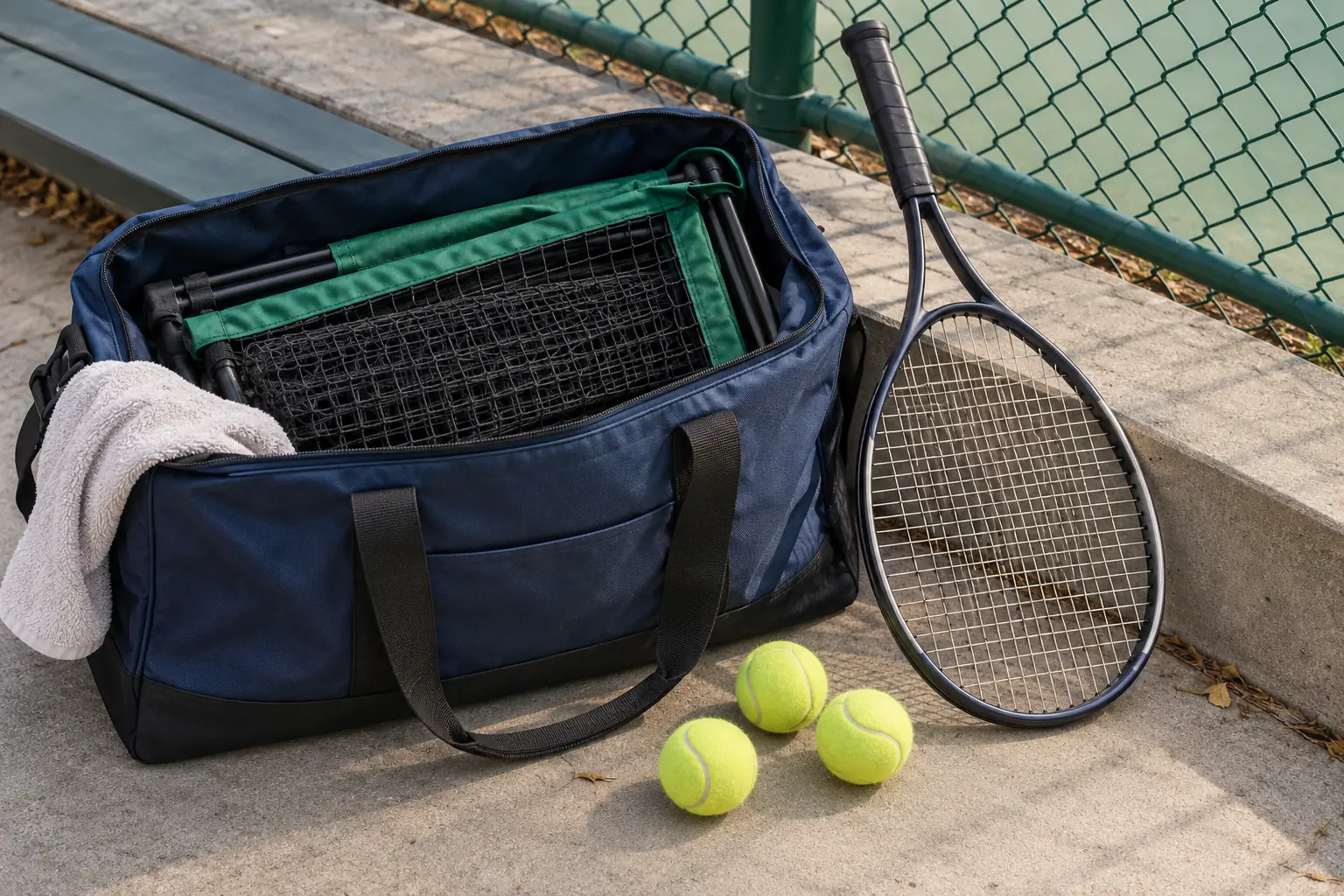 Illustration: A folded practice net, racket and tennis balls in an equipment tote.