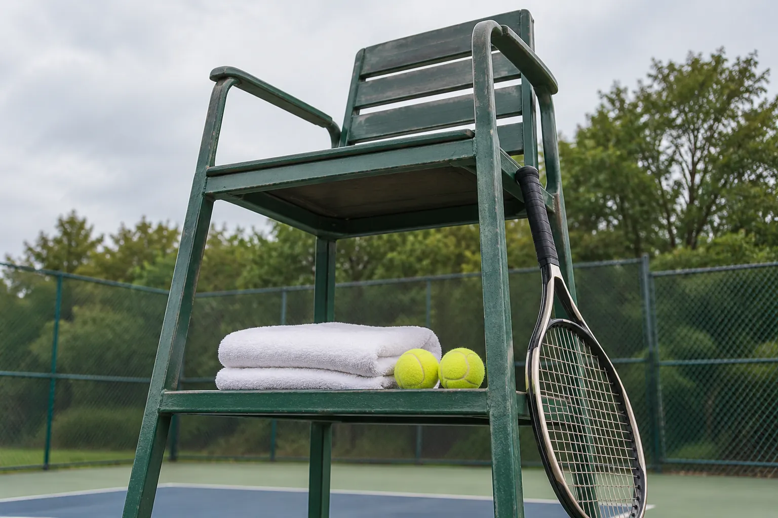 Illustration: Tennis balls and a towel beneath an empty umpire chair.