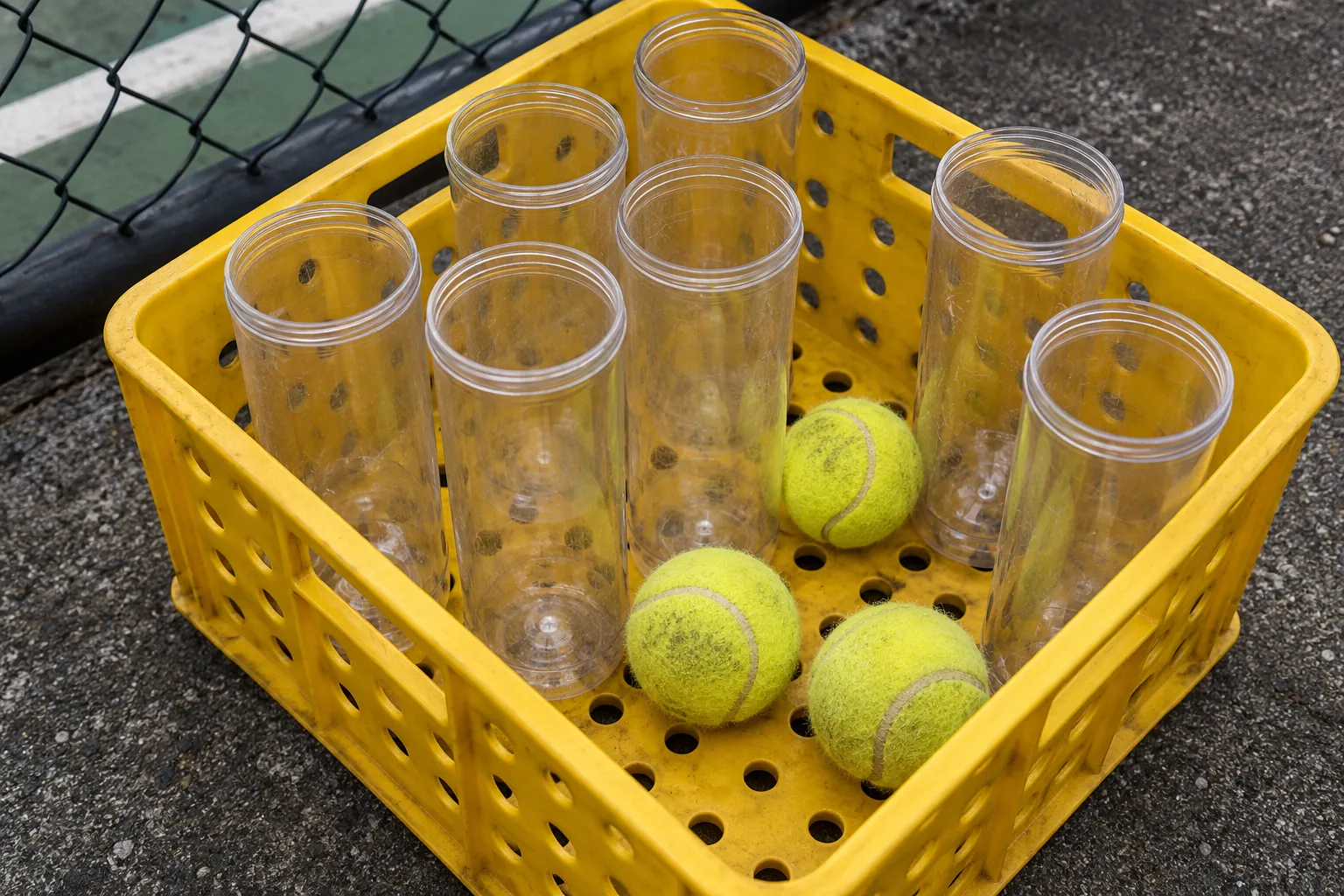 Illustration: Empty tennis-ball tubes and worn balls in a yellow return crate.
