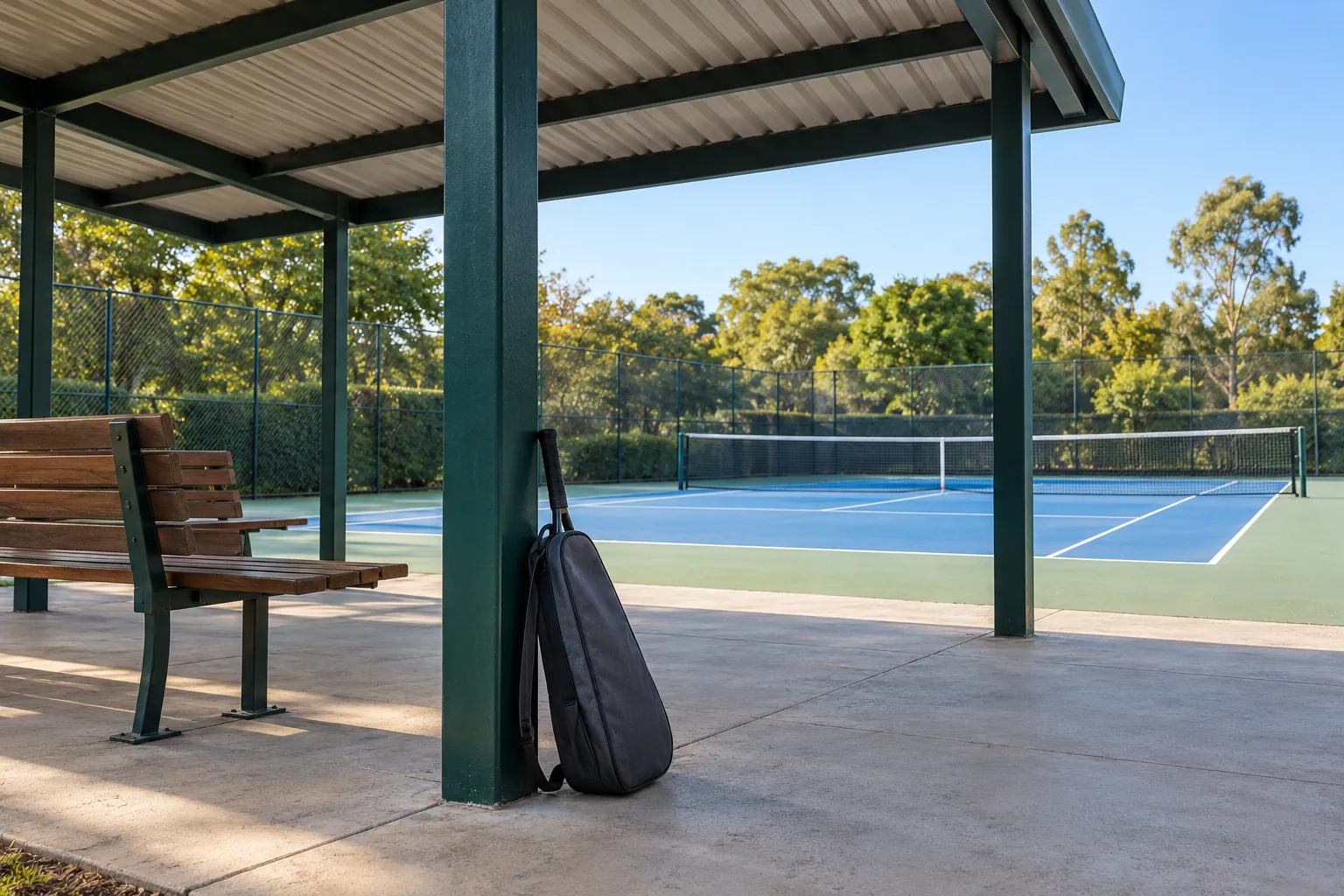 A racket bag inside an empty tennis pavilion.
