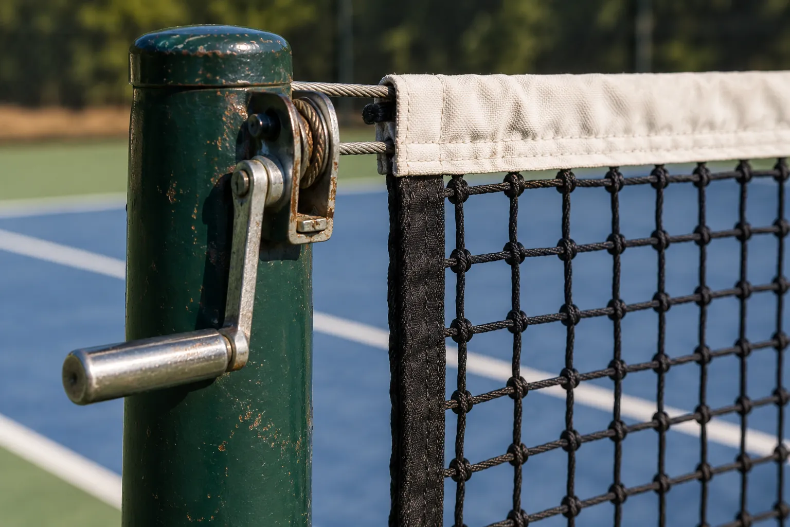 Illustration: The crank and tension cable of a tennis net post.