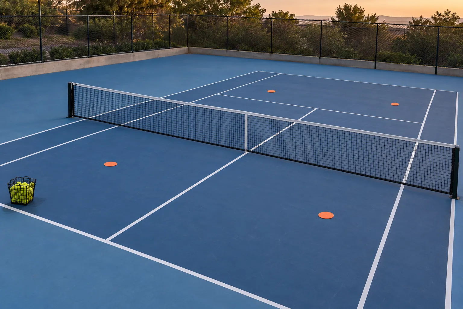 Illustration: Orange practice targets arranged across a blue tennis court.