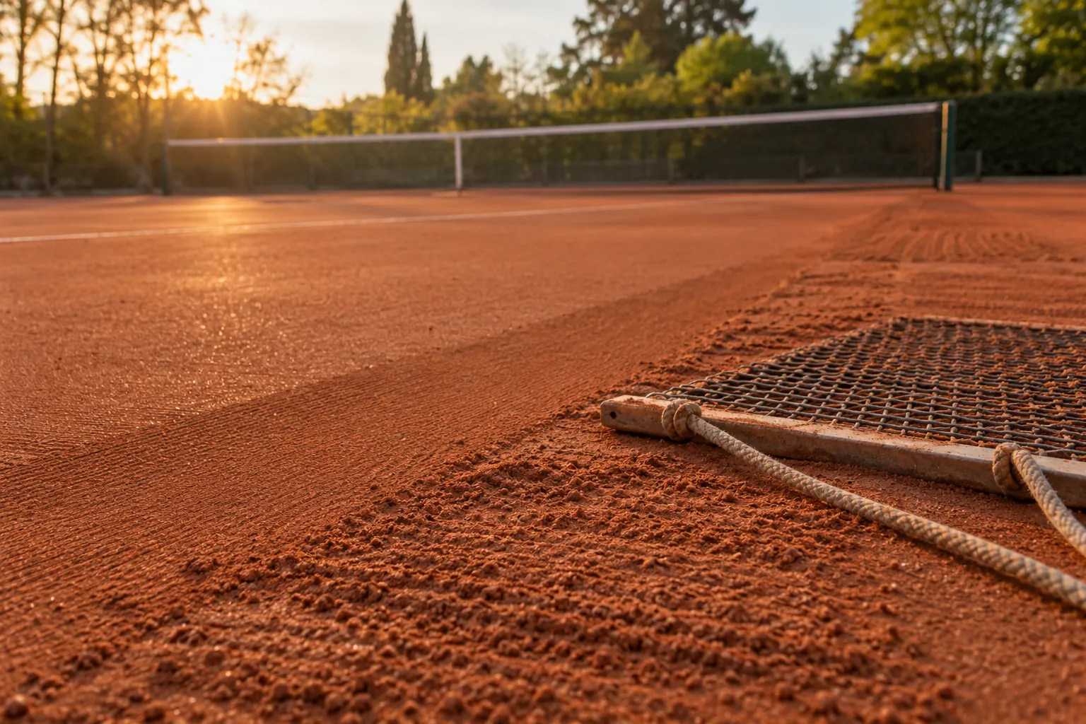 A clay drag mat beside a freshly smoothed tennis-court strip.